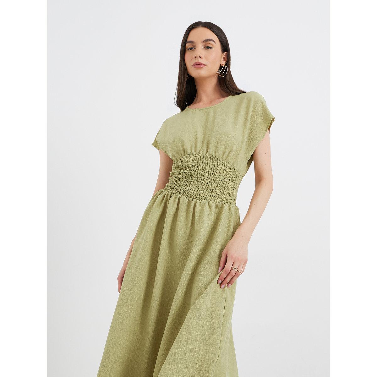 Styli Solid Smocked Waist Round Neck Midi Dress-women-clothing-dresses-image-3