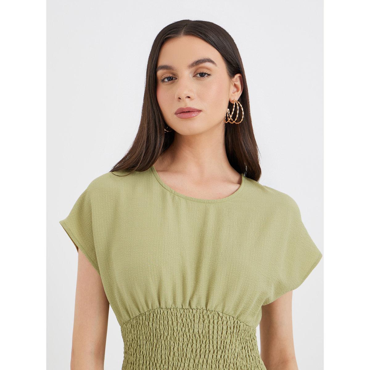 Styli Solid Smocked Waist Round Neck Midi Dress-women-clothing-dresses-image-4