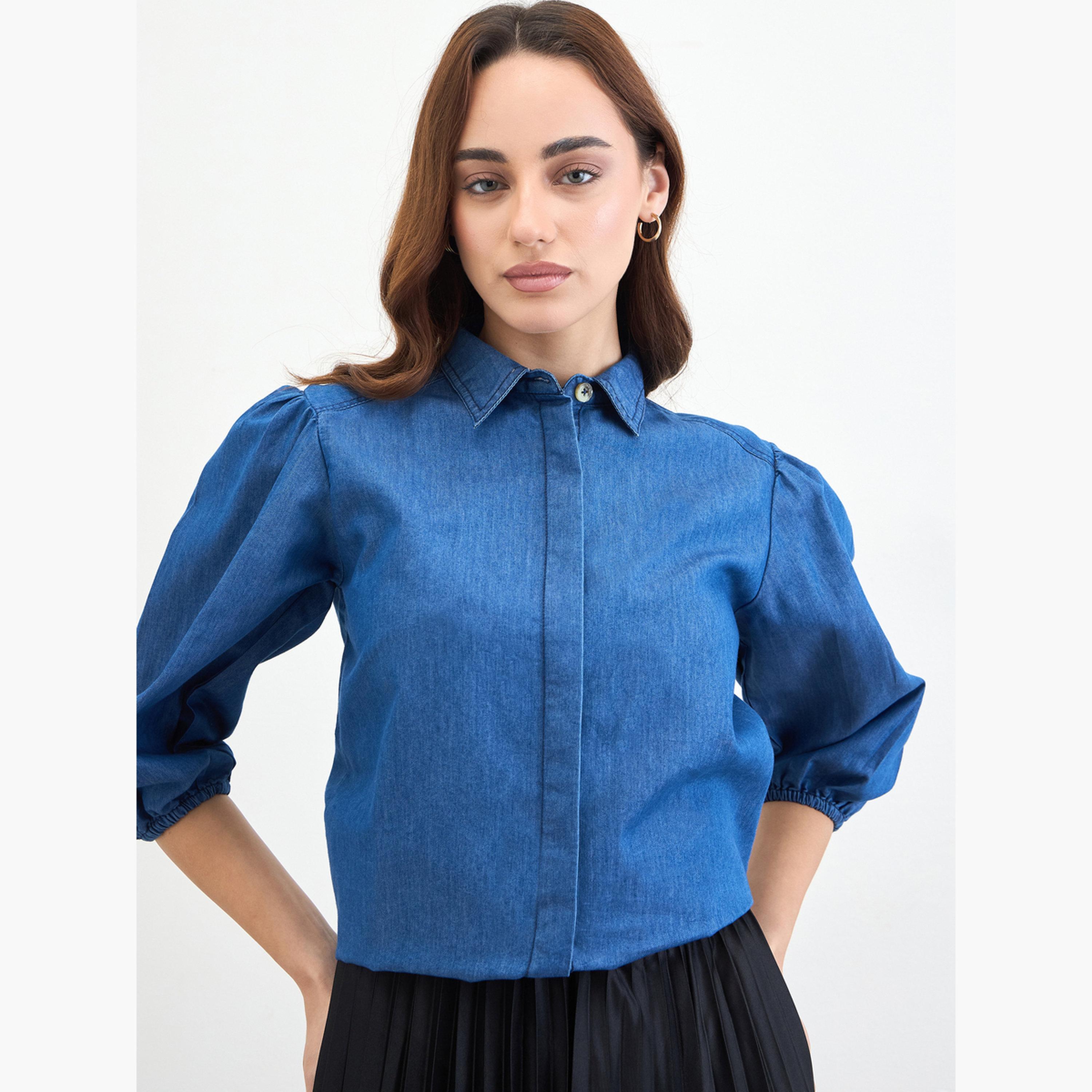 Styli Solid Denim Shirt with Balloon Sleeves-women-clothing-shirtsandblouses-shirts-image-1