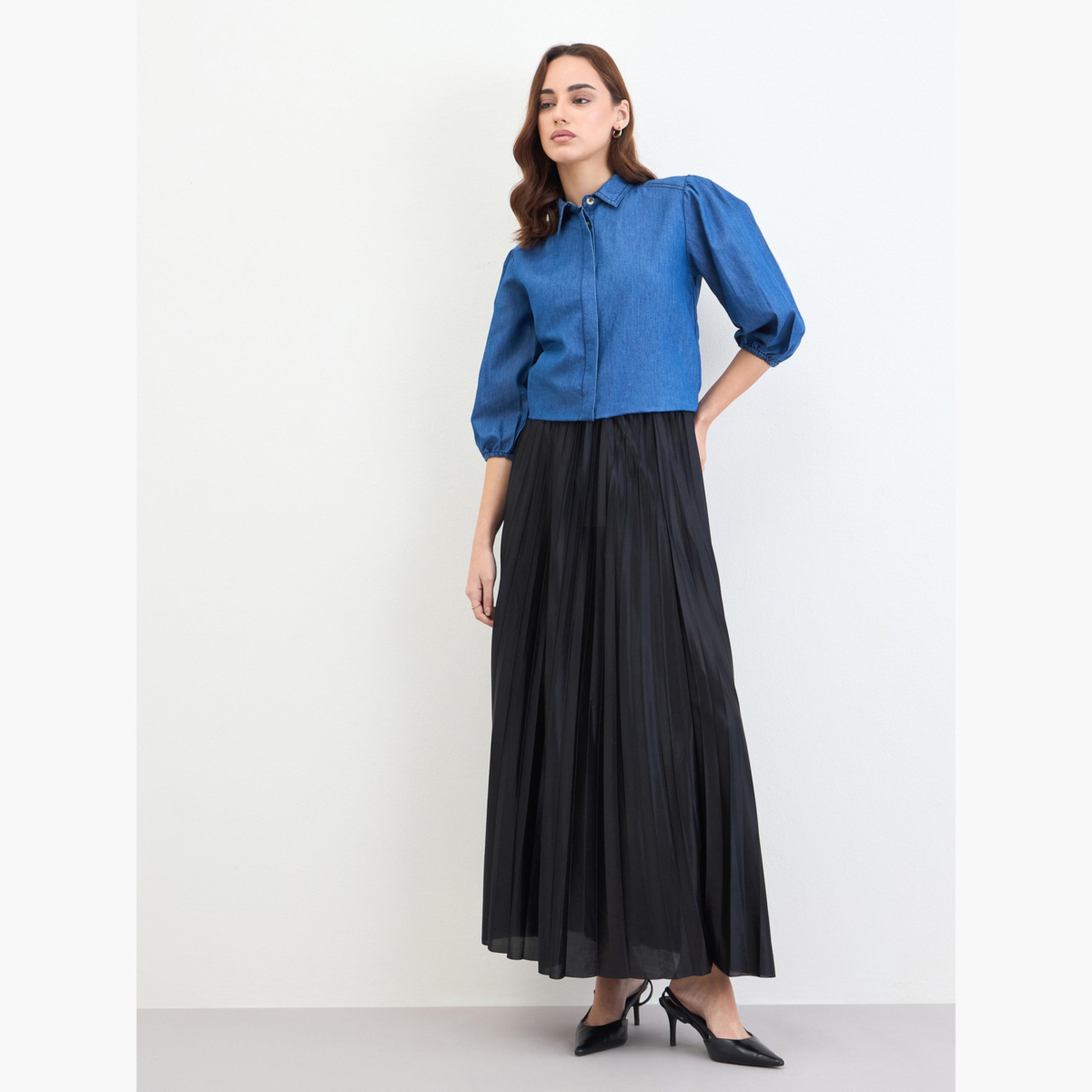 Styli Solid Denim Shirt with Balloon Sleeves-women-clothing-shirtsandblouses-shirts-image-2