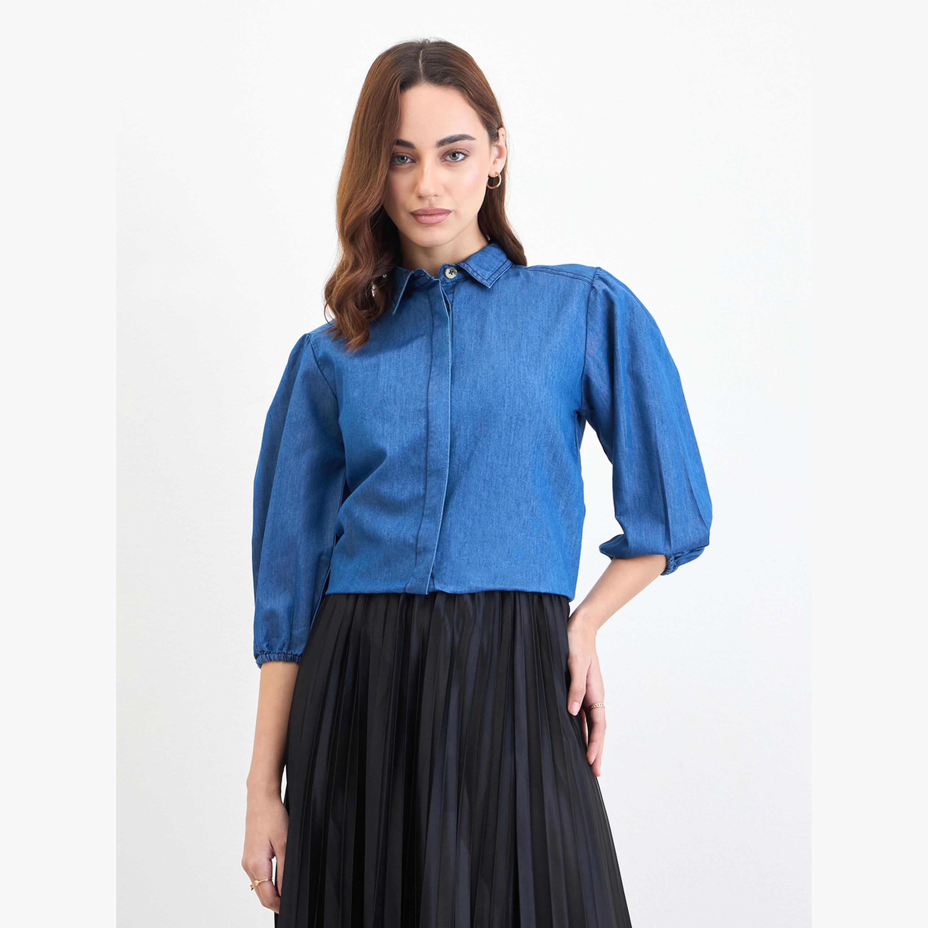 Styli Solid Denim Shirt with Balloon Sleeves-women-clothing-shirtsandblouses-shirts-image-3