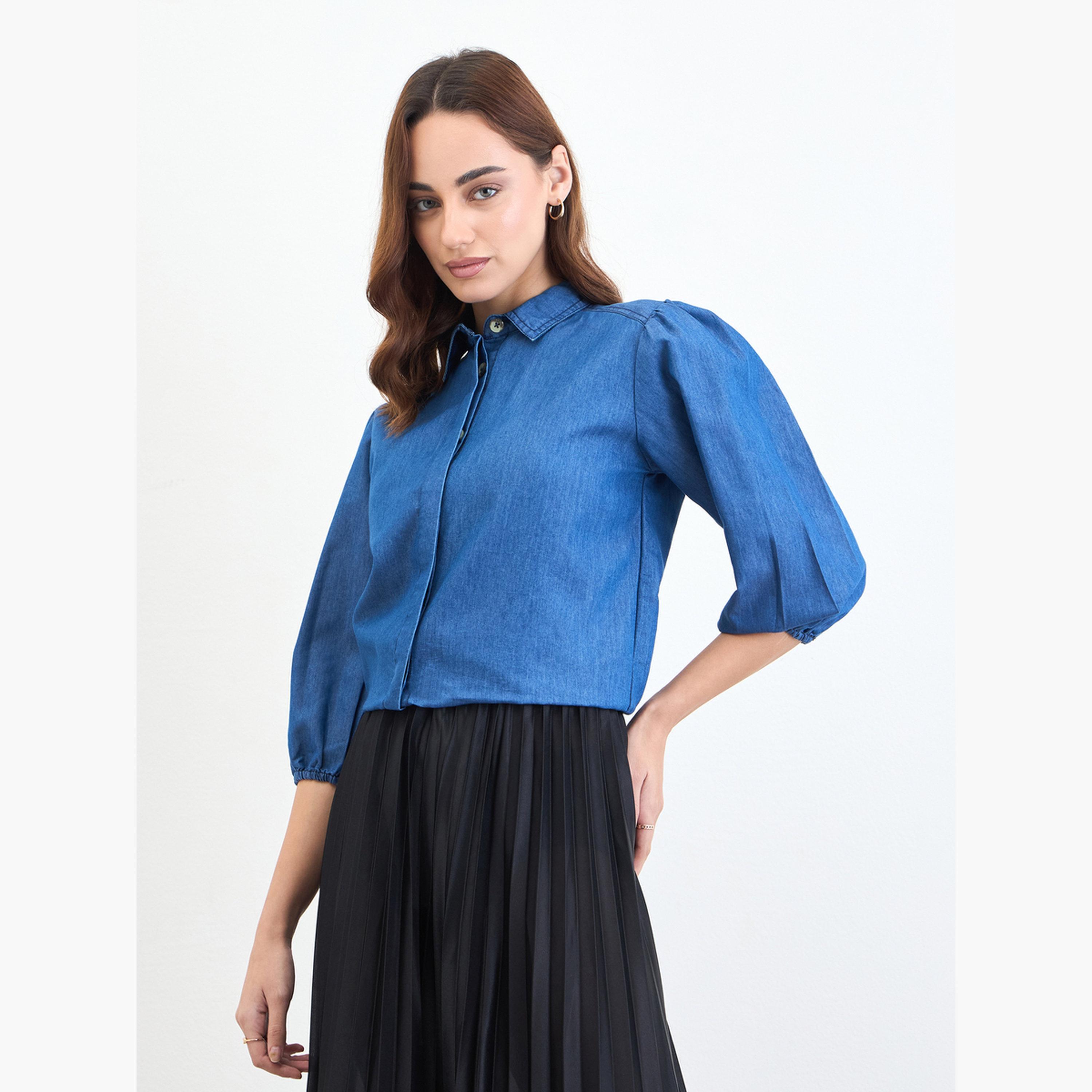 Styli Solid Denim Shirt with Balloon Sleeves-women-clothing-shirtsandblouses-shirts-image-5