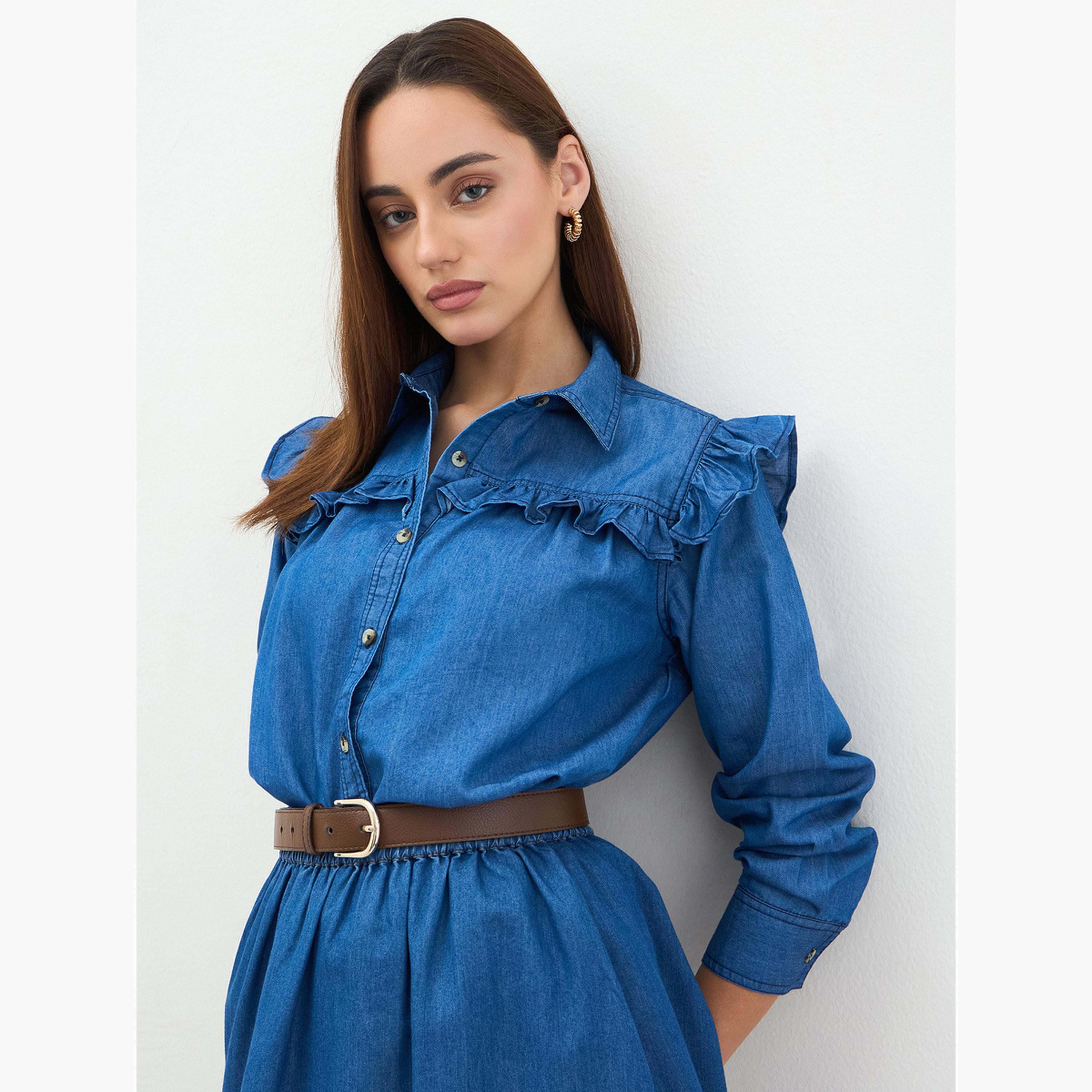 Styli Denim Ruffle Detail Buttoned Shirt-women-clothing-shirtsandblouses-shirts-image-1