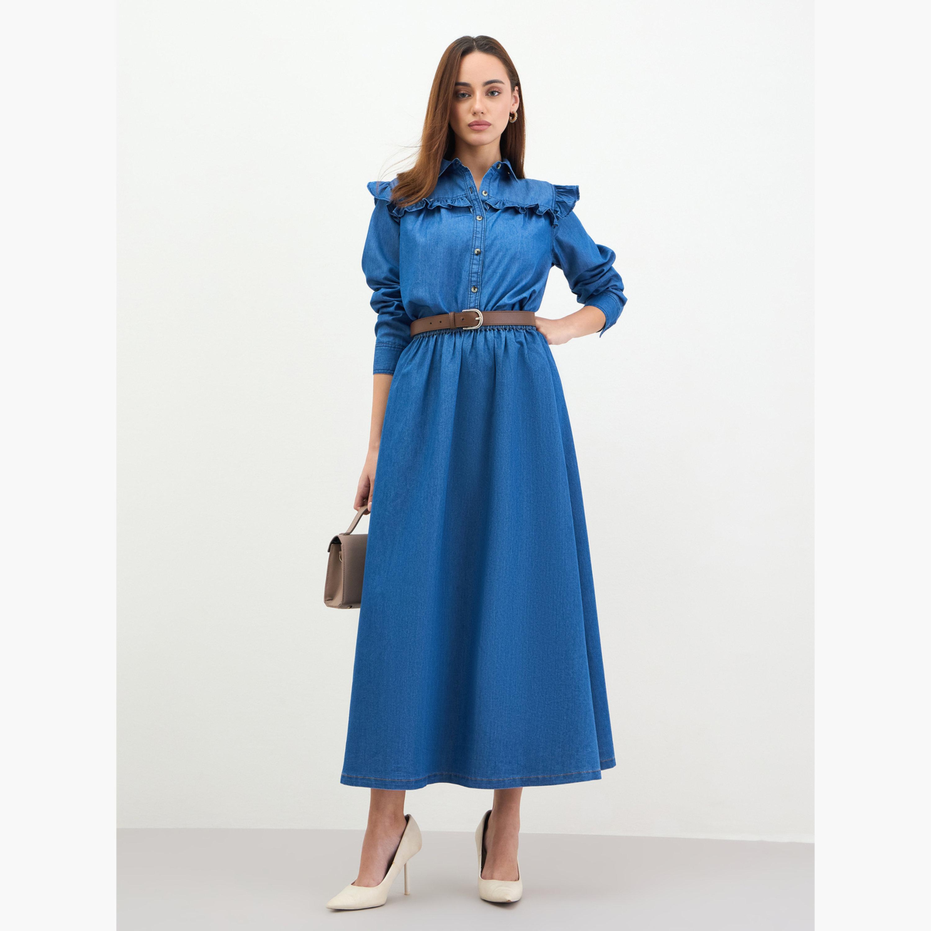 ستايلي - قميص جينز بأزرار وتفاصيل كشكشة-women-clothing-shirtsandblouses-shirts-image-2