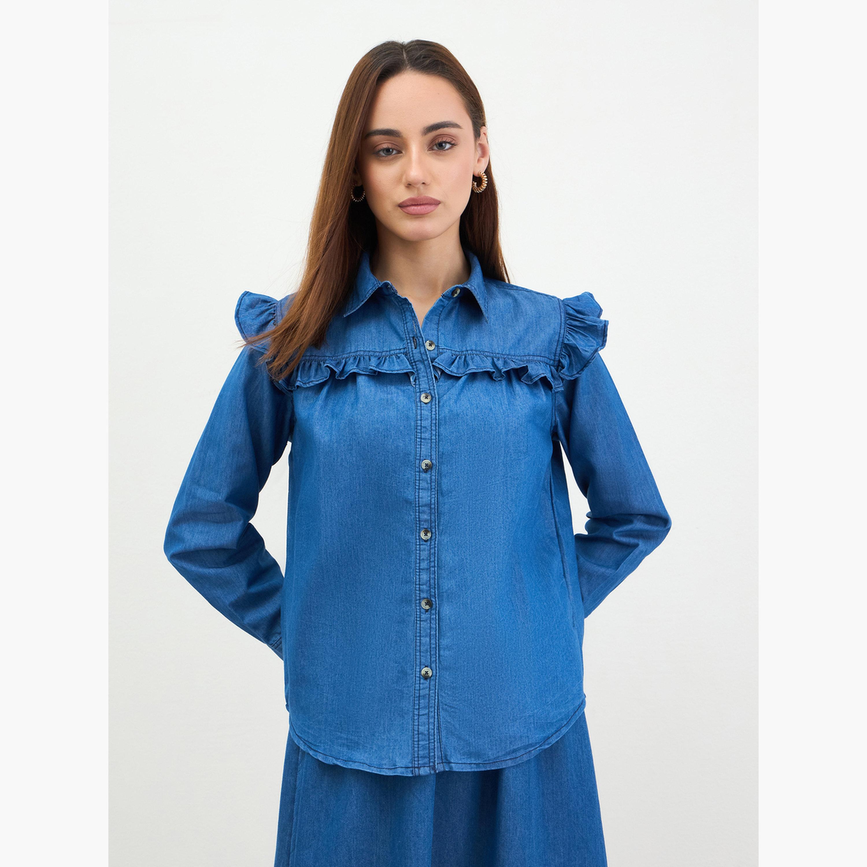 ستايلي - قميص جينز بأزرار وتفاصيل كشكشة-women-clothing-shirtsandblouses-shirts-image-3