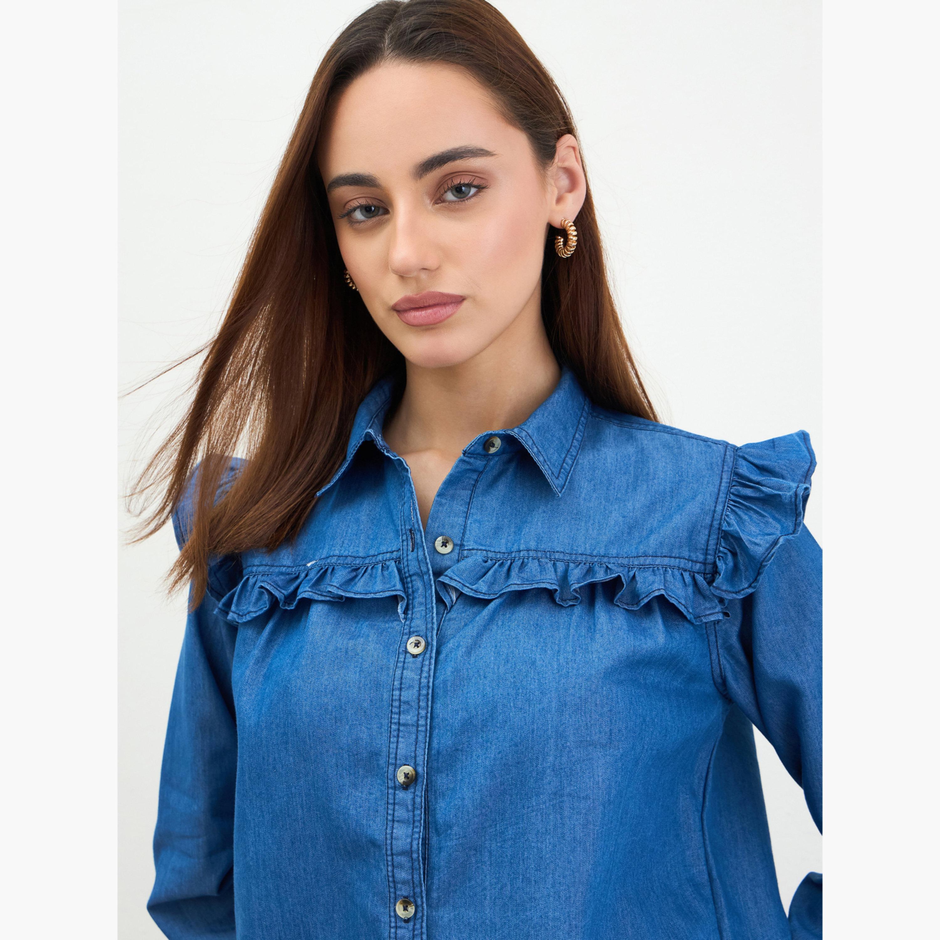 ستايلي - قميص جينز بأزرار وتفاصيل كشكشة-women-clothing-shirtsandblouses-shirts-image-4