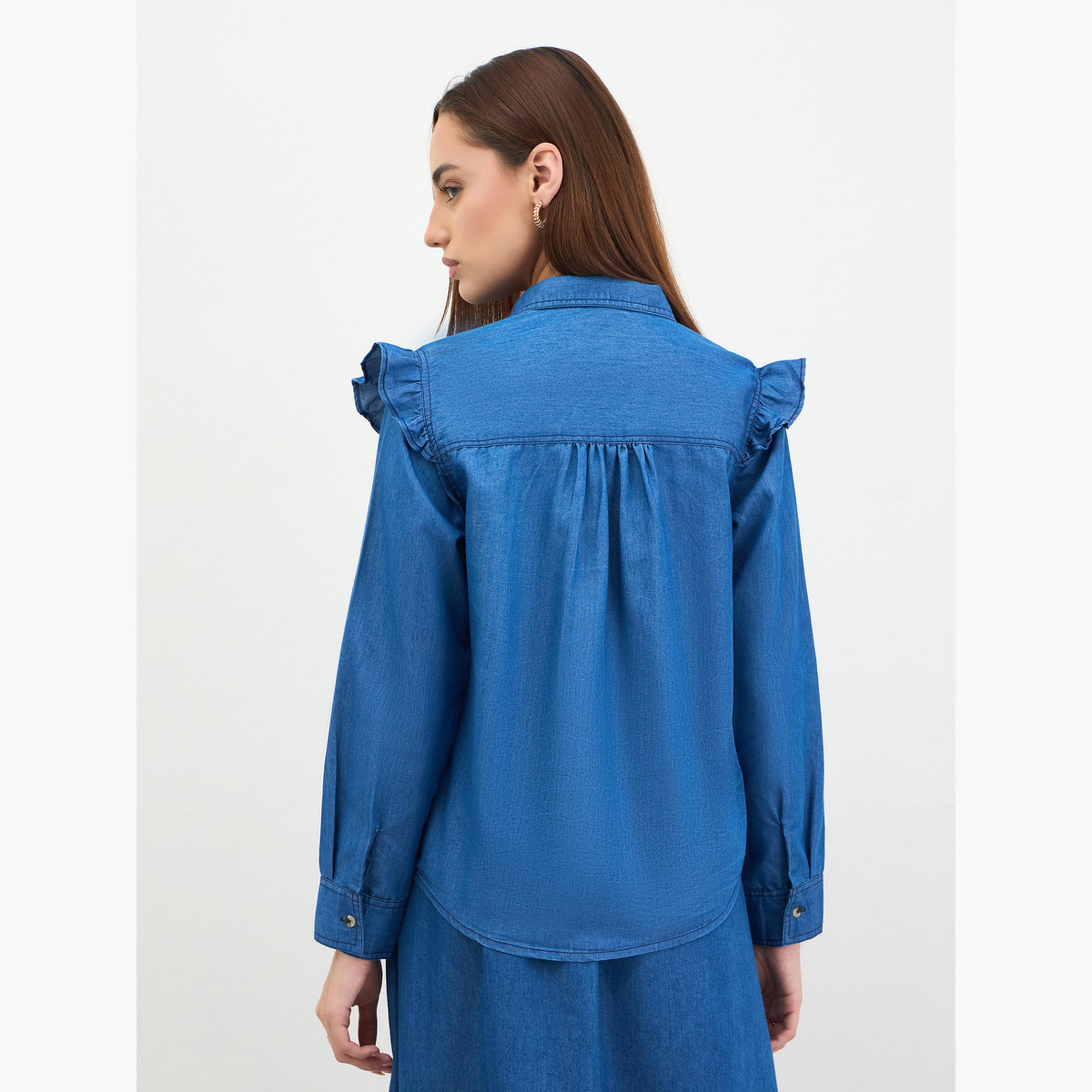 ستايلي - قميص جينز بأزرار وتفاصيل كشكشة-women-clothing-shirtsandblouses-shirts-image-5