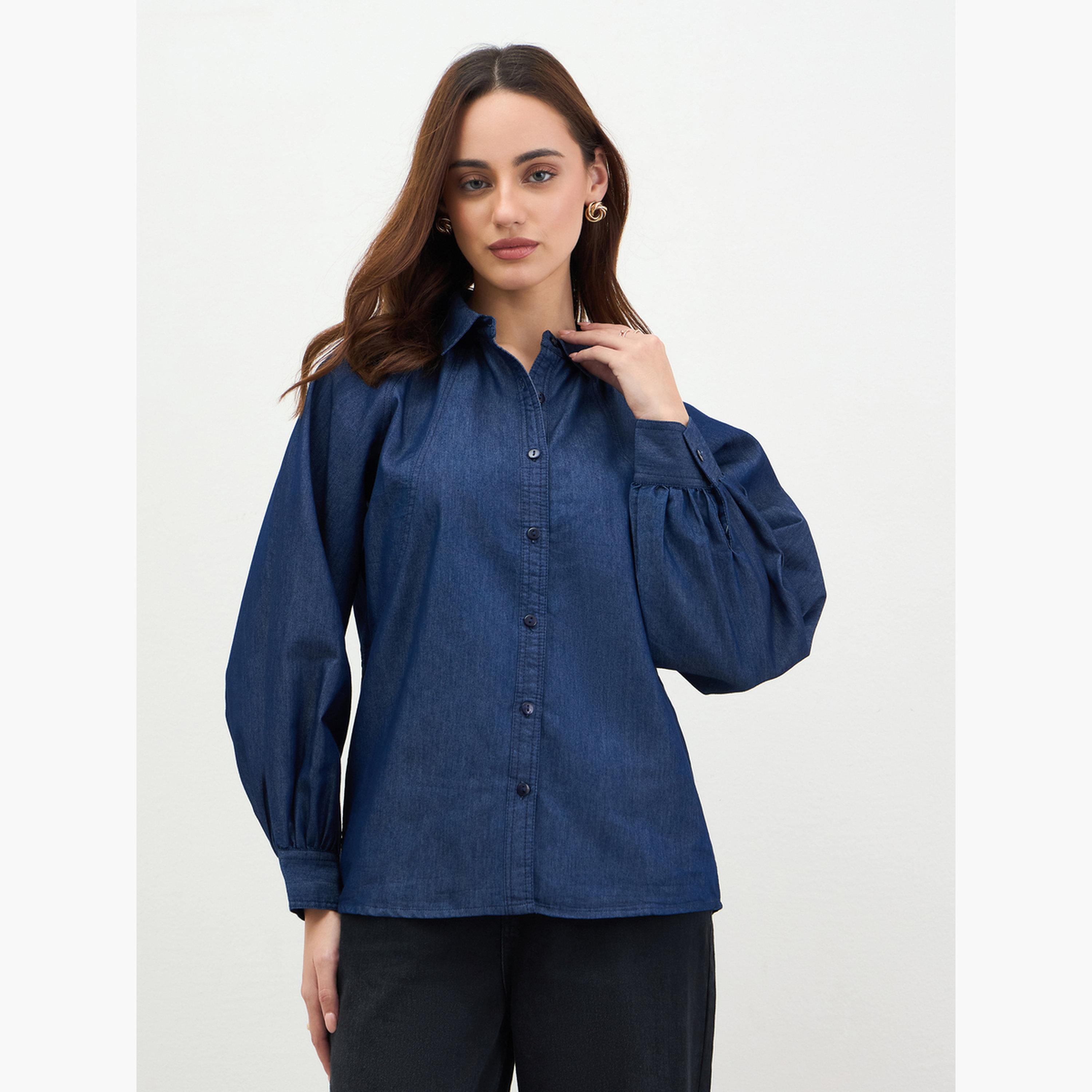 ستايلي - بلوزة جينز بأكمام منفوخة لون أزرق داكن-women-clothing-shirtsandblouses-shirts-image-1
