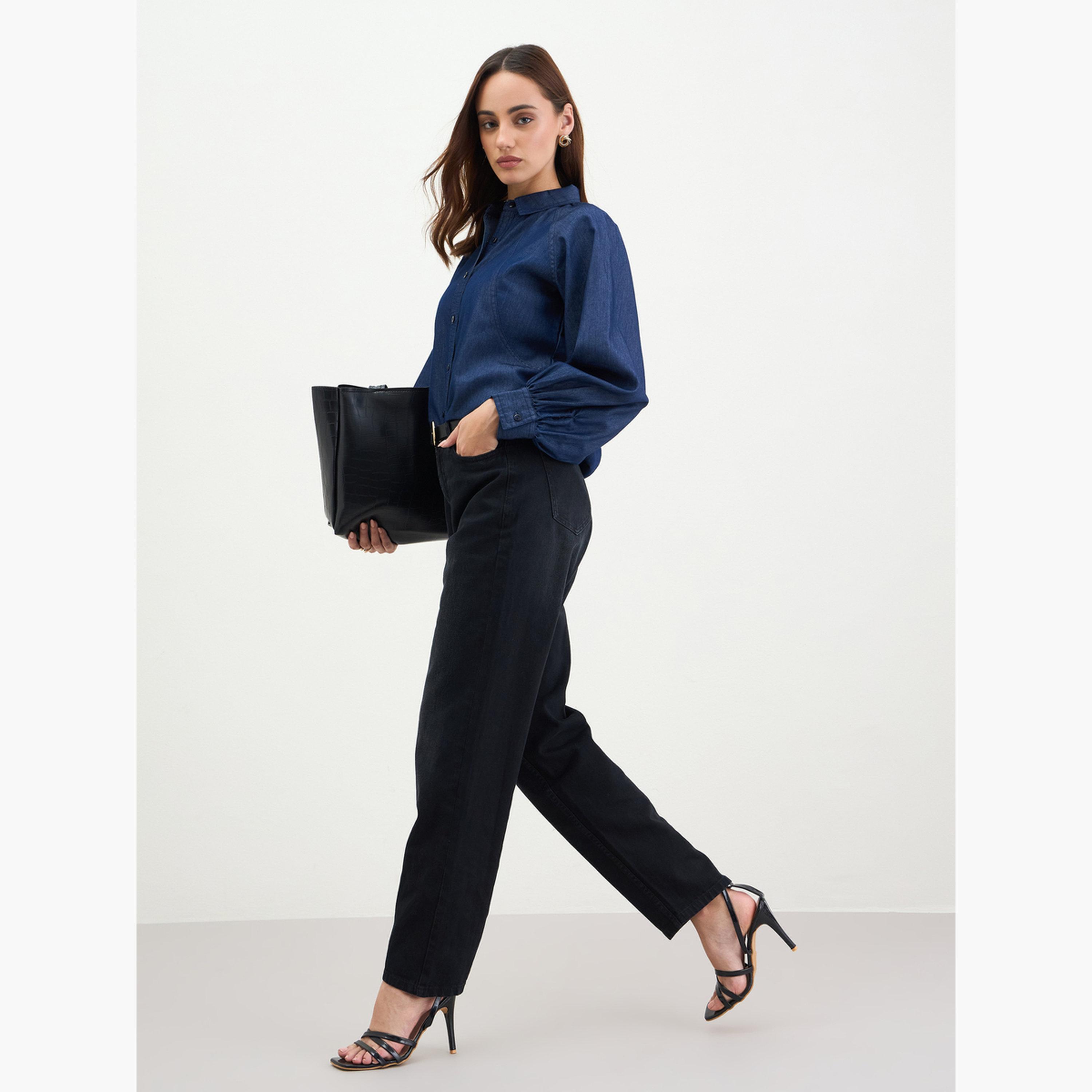 Styli Dark Blue Balloon Sleeves Denim Blouse-women-clothing-shirtsandblouses-shirts-image-2