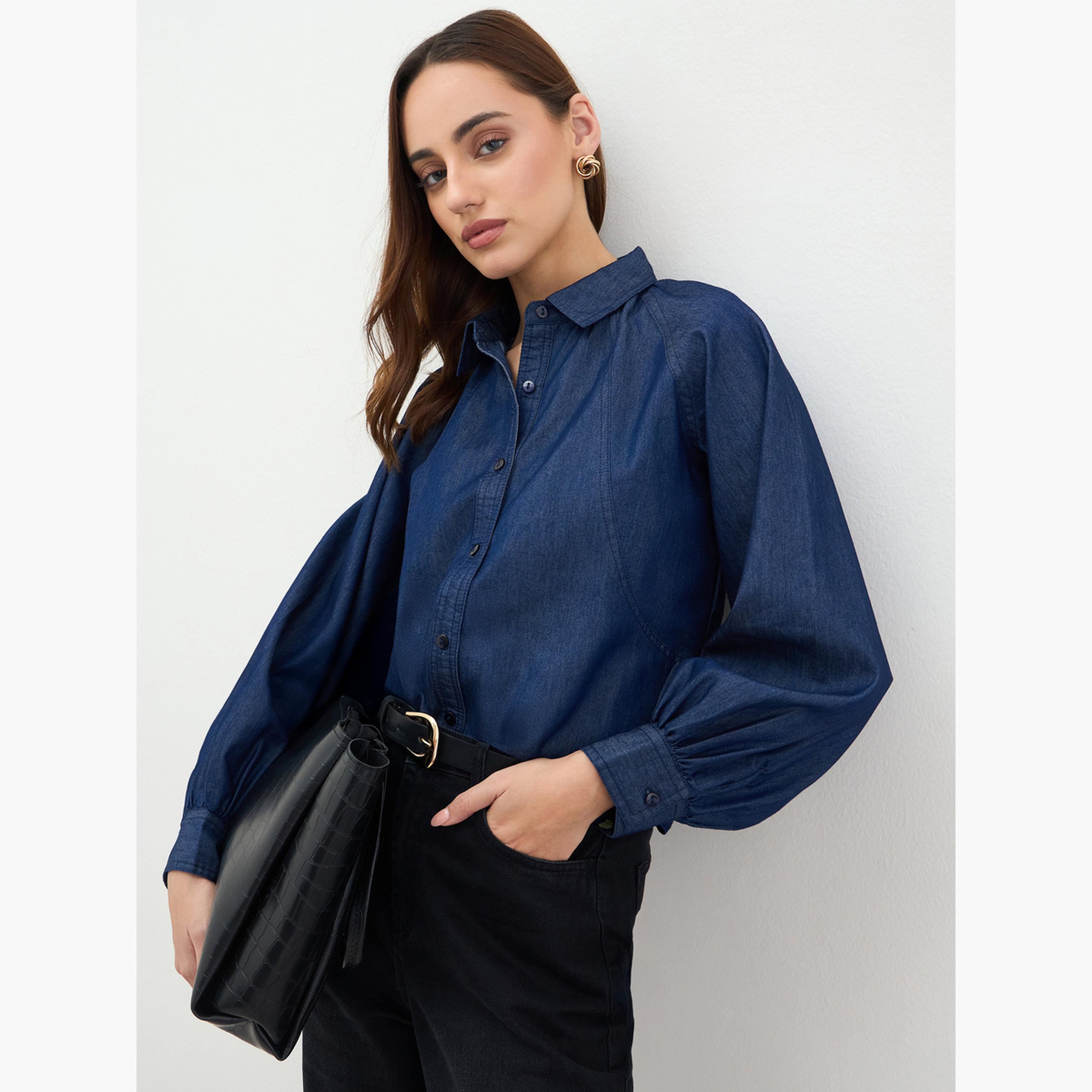 ستايلي - بلوزة جينز بأكمام منفوخة لون أزرق داكن-women-clothing-shirtsandblouses-shirts-image-3