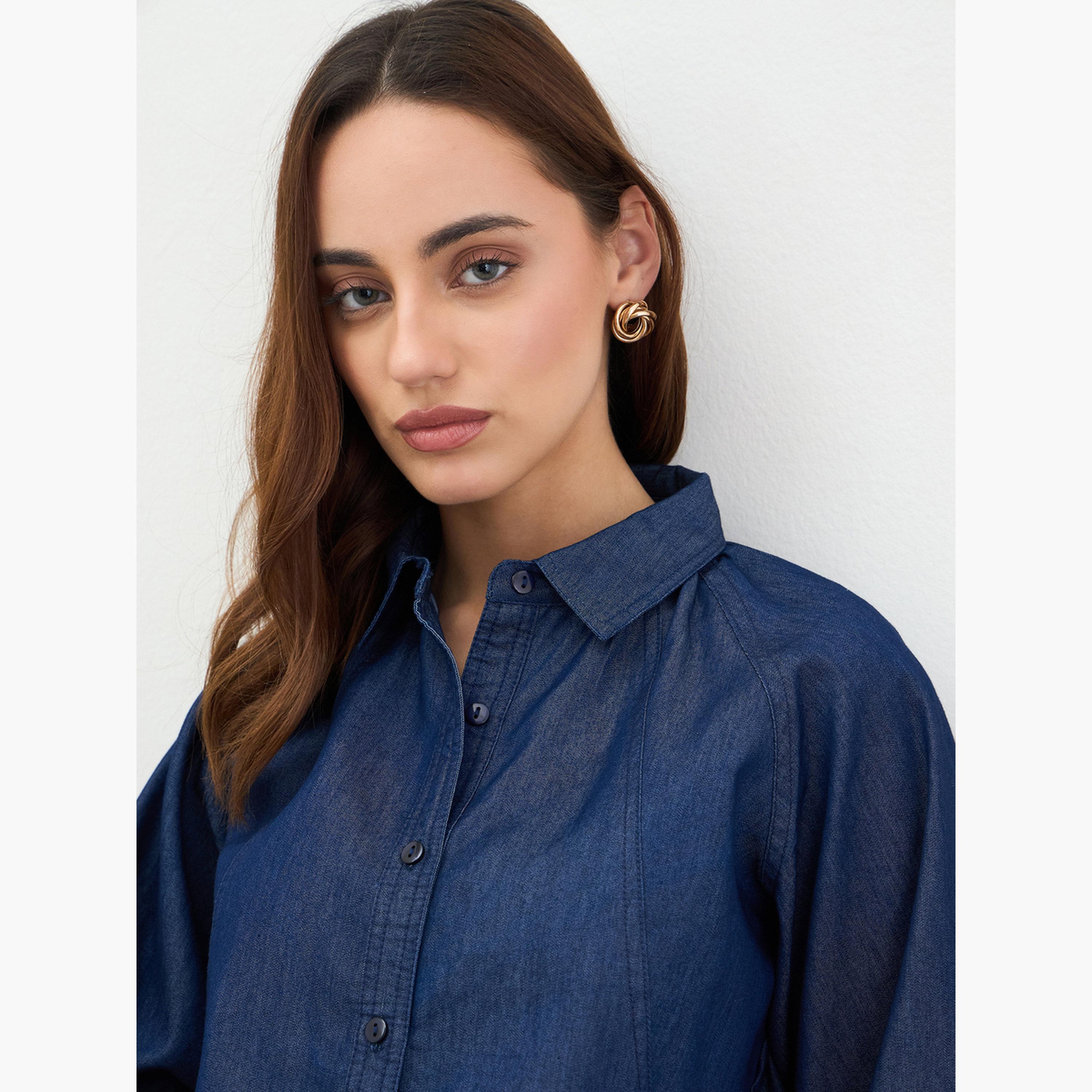 ستايلي - بلوزة جينز بأكمام منفوخة لون أزرق داكن-women-clothing-shirtsandblouses-shirts-image-4