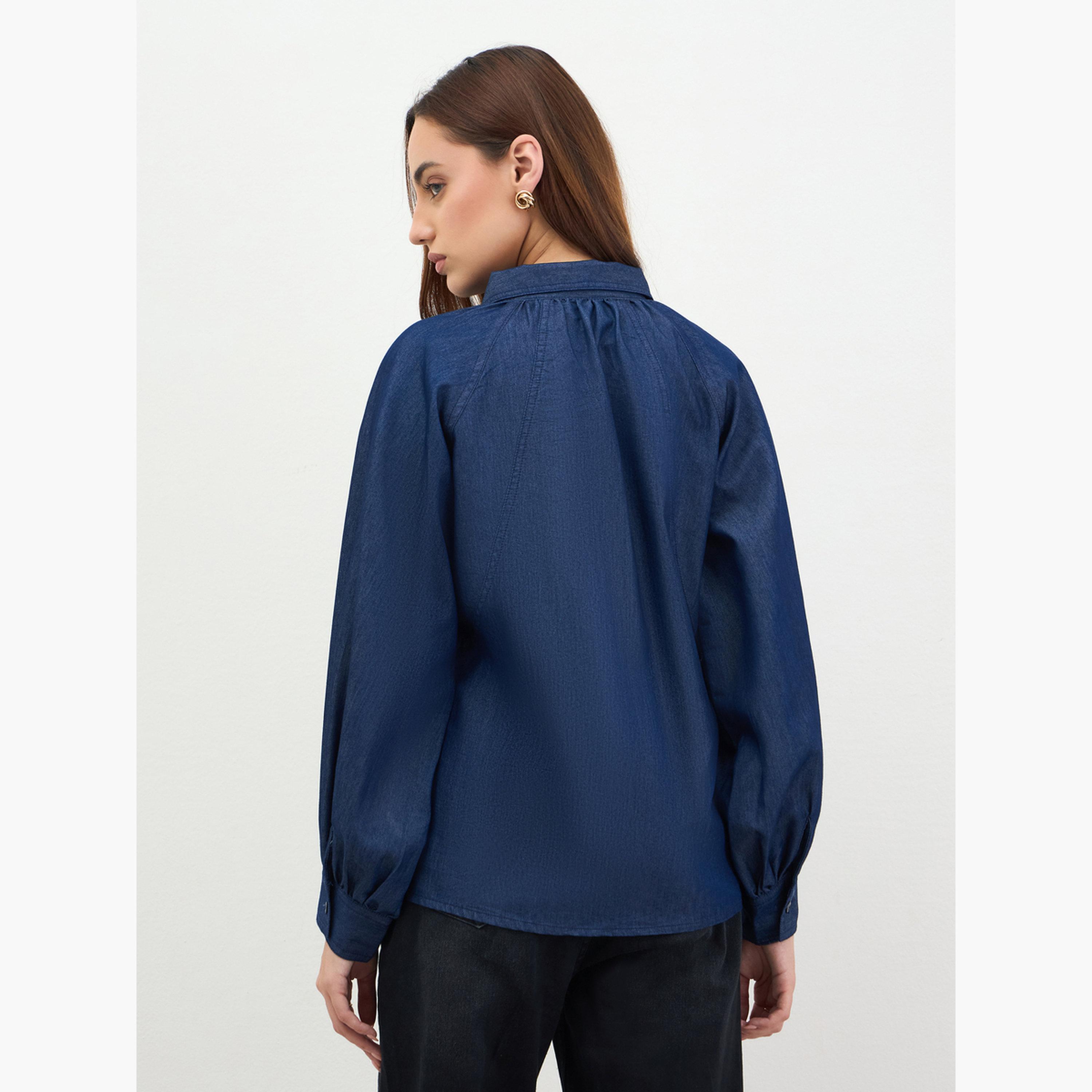 ستايلي - بلوزة جينز بأكمام منفوخة لون أزرق داكن-women-clothing-shirtsandblouses-shirts-image-5