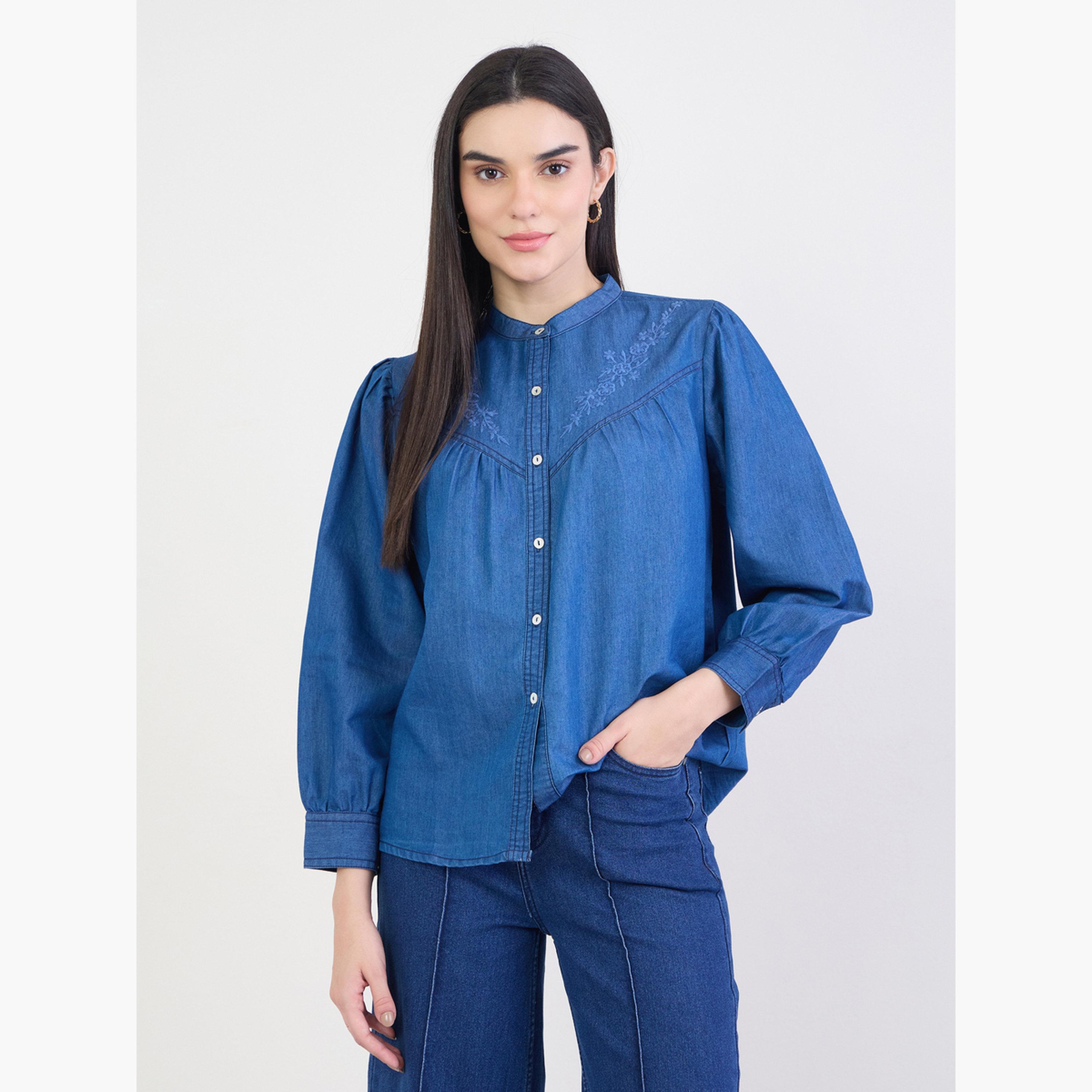 Styli Blue Embroidered Relaxed Fit Denim Shirt-women-clothing-shirtsandblouses-shirts-image-1