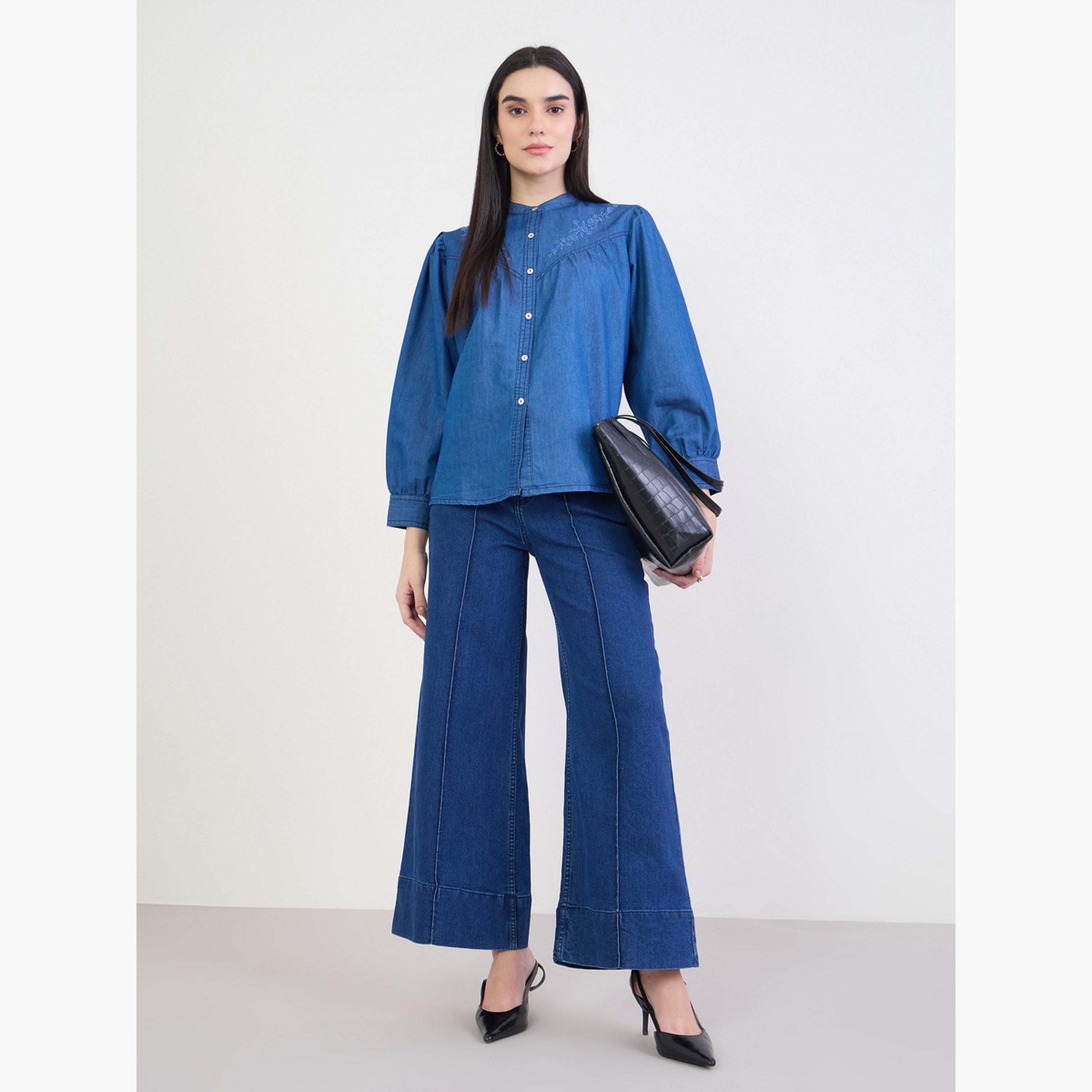 Styli Blue Embroidered Relaxed Fit Denim Shirt-women-clothing-shirtsandblouses-shirts-image-2