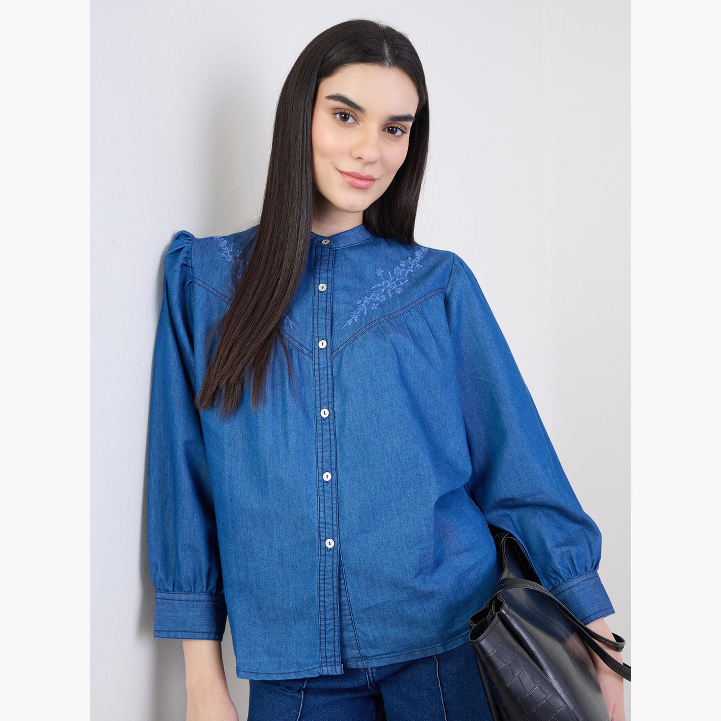 Styli Blue Embroidered Relaxed Fit Denim Shirt-women-clothing-shirtsandblouses-shirts-image-3