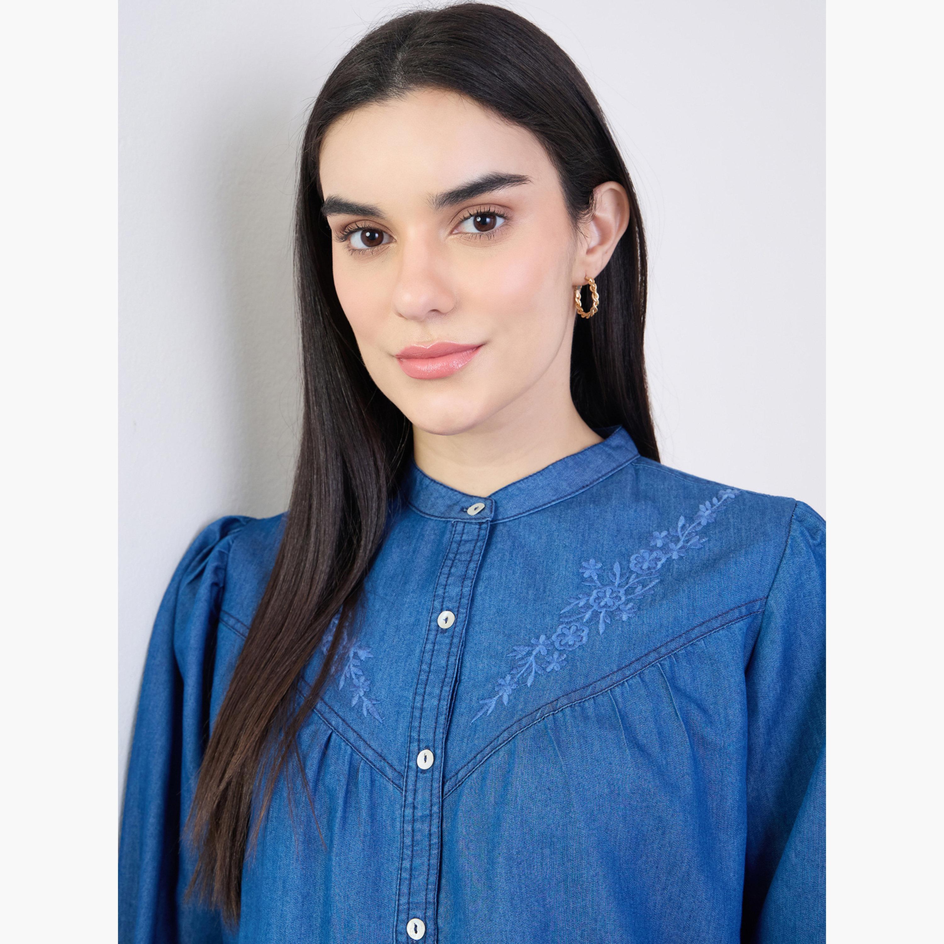 Styli Blue Embroidered Relaxed Fit Denim Shirt-women-clothing-shirtsandblouses-shirts-image-4
