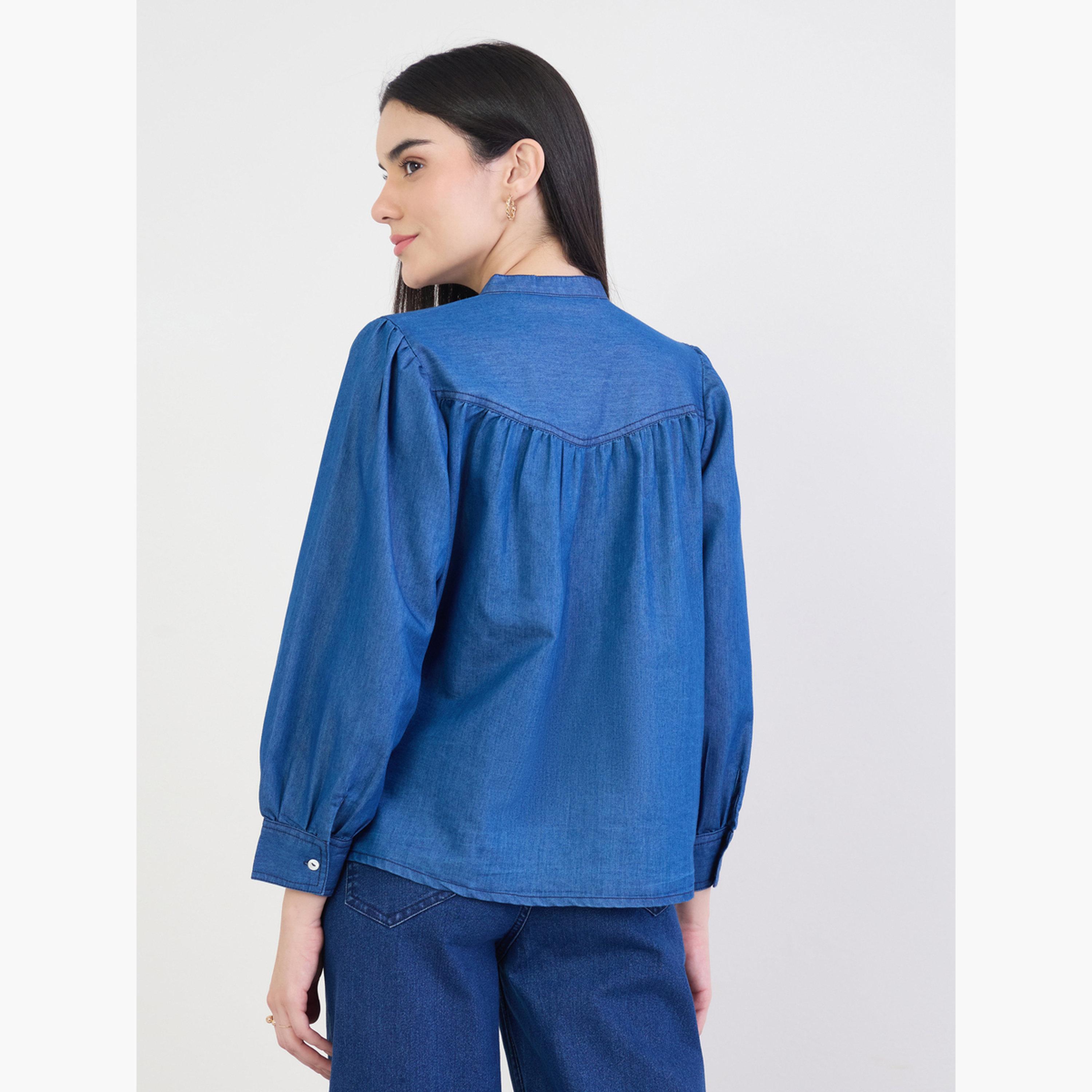 Styli Blue Embroidered Relaxed Fit Denim Shirt-women-clothing-shirtsandblouses-shirts-image-5