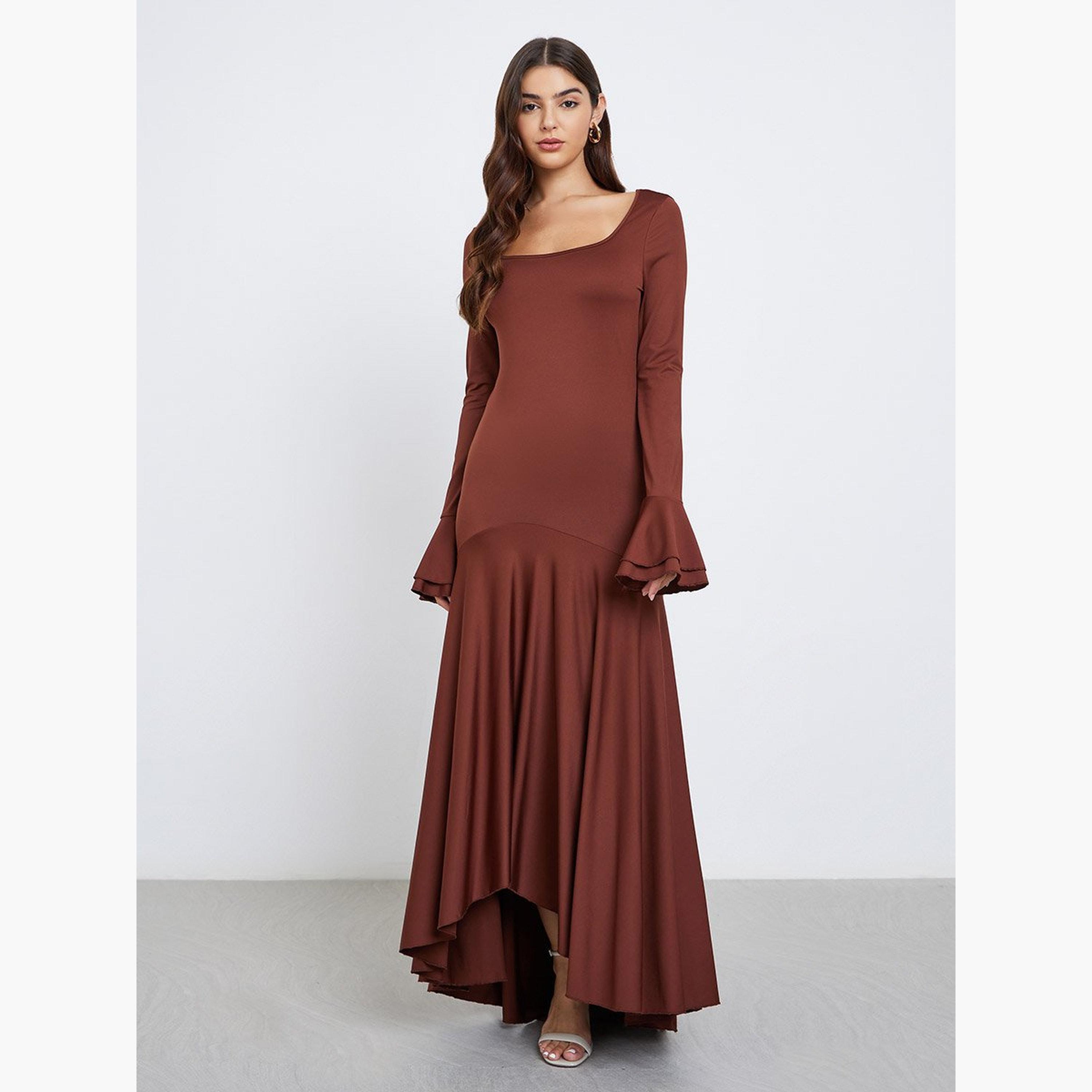 Styli Brown Ruffled Hem Bodycon Maxi Dress-women-clothing-dresses-image-1