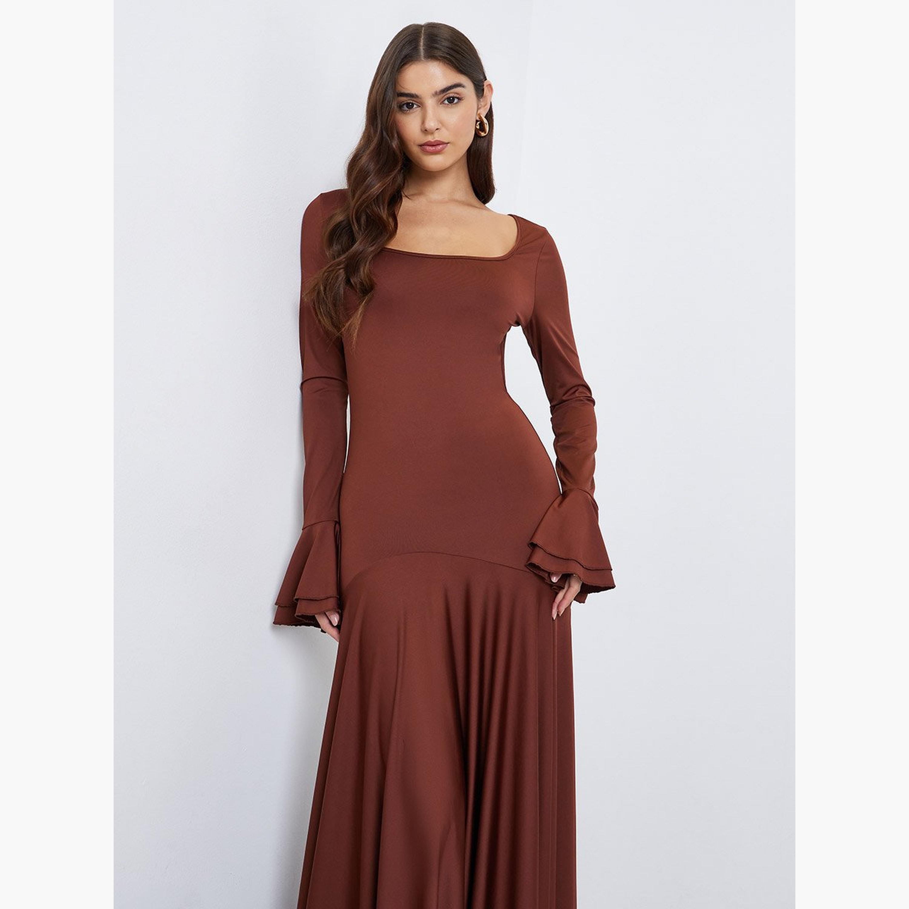 Styli Brown Ruffled Hem Bodycon Maxi Dress-women-clothing-dresses-image-2