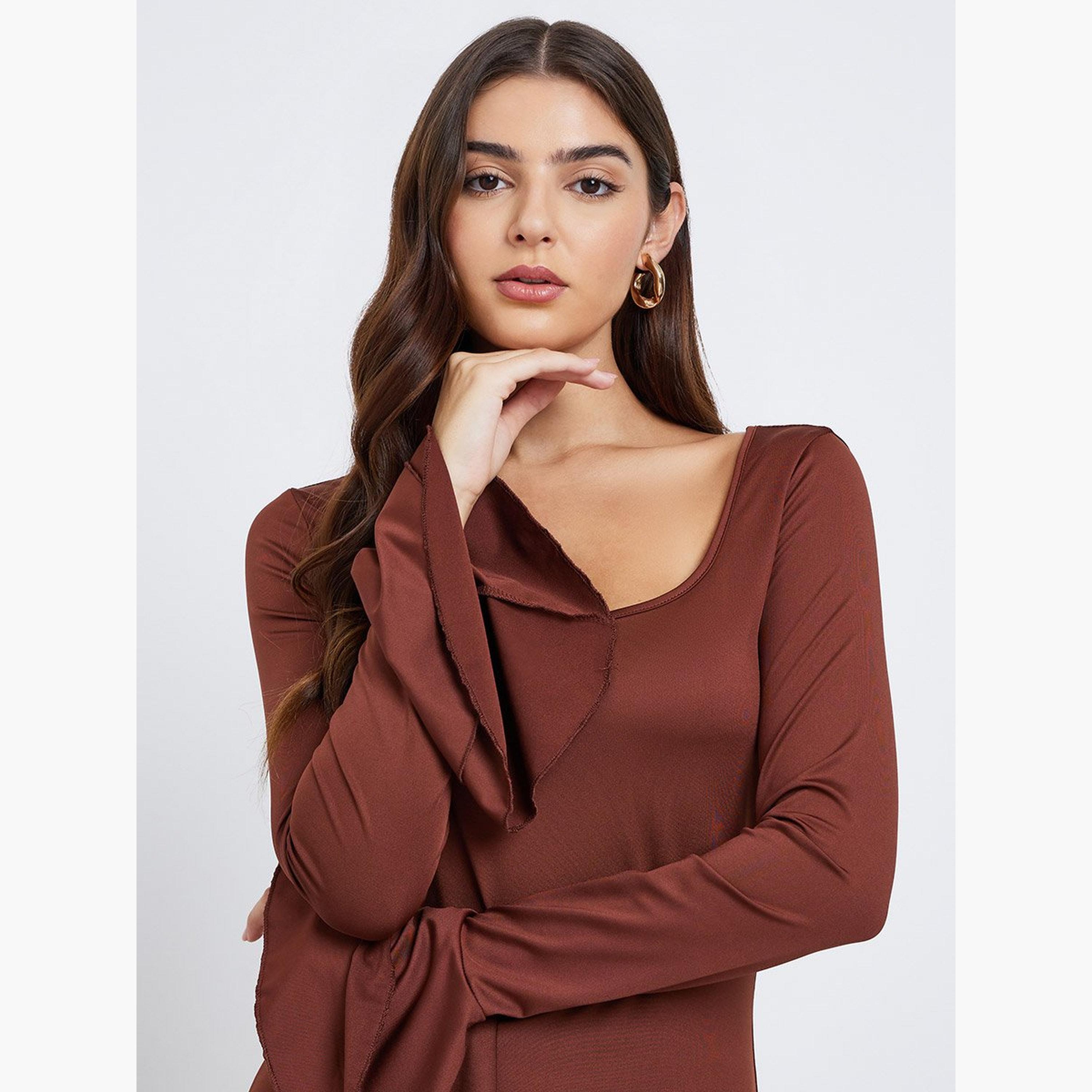 Styli Brown Ruffled Hem Bodycon Maxi Dress-women-clothing-dresses-image-3