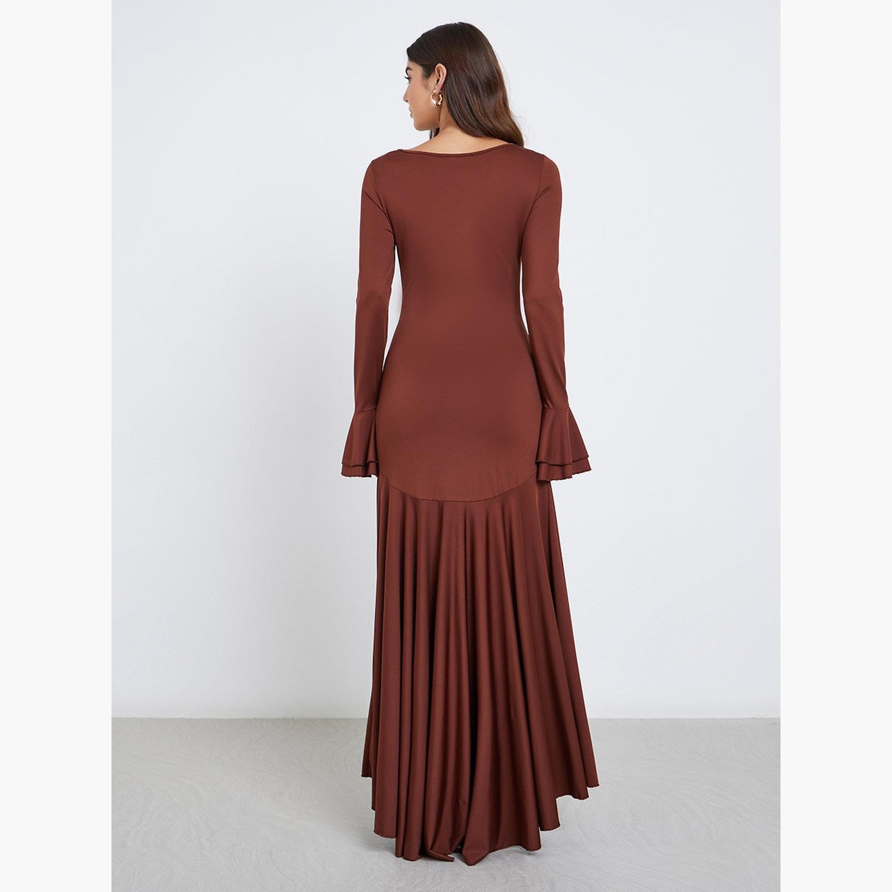 Styli Brown Ruffled Hem Bodycon Maxi Dress-women-clothing-dresses-image-4