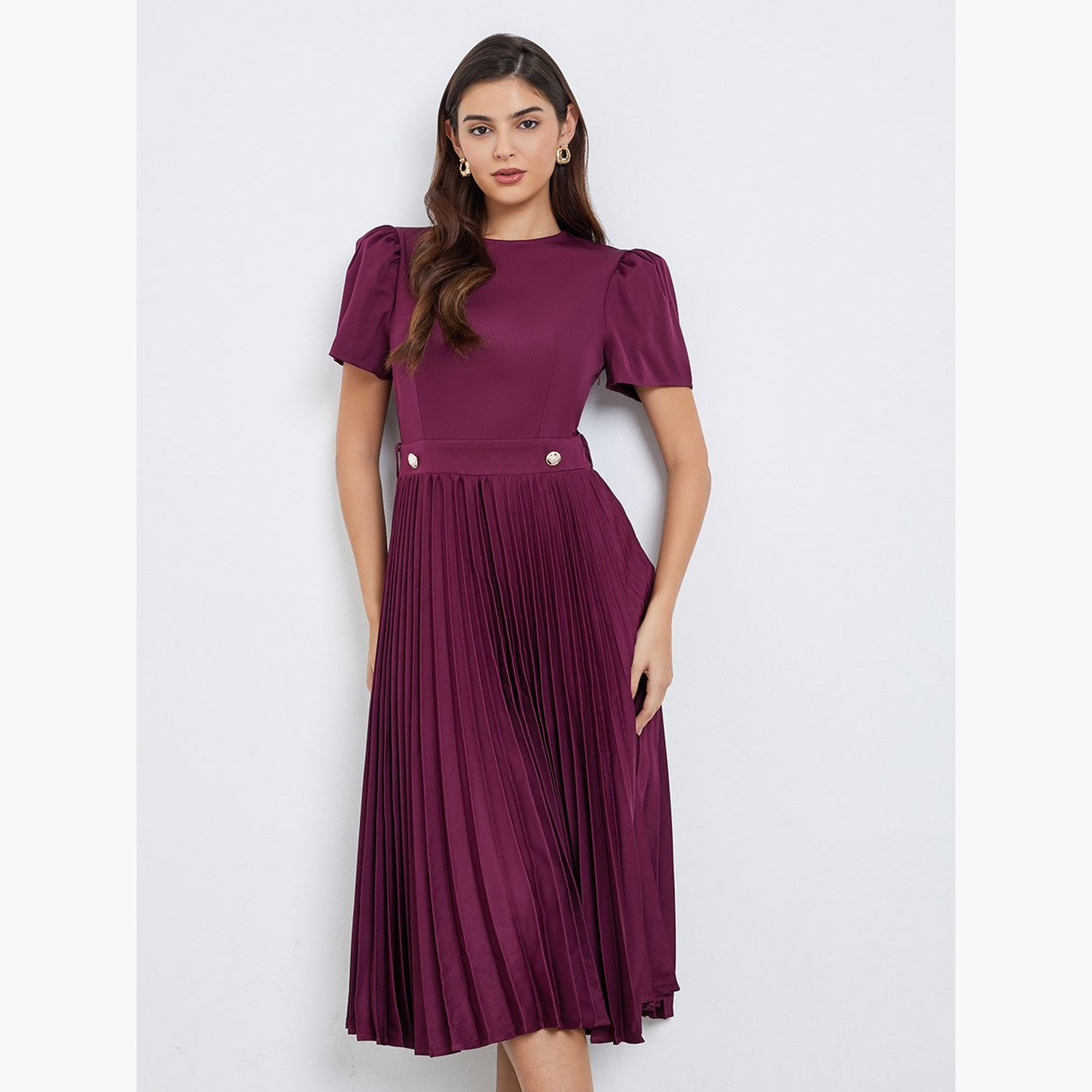Styli Pleated Detail Puff Sleeves Sheath Midi Dress-women-clothing-dresses-image-1