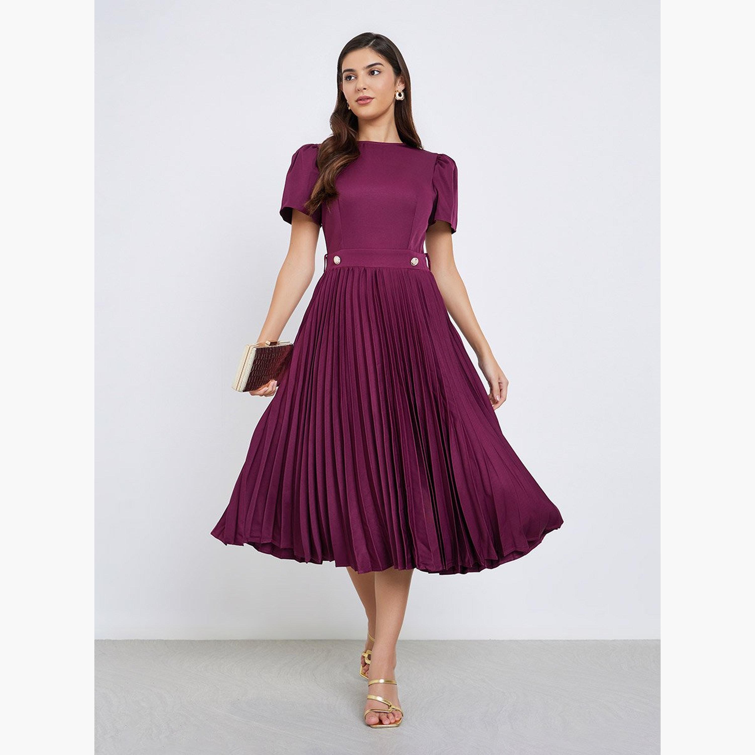 Styli Pleated Detail Puff Sleeves Sheath Midi Dress-women-clothing-dresses-image-2