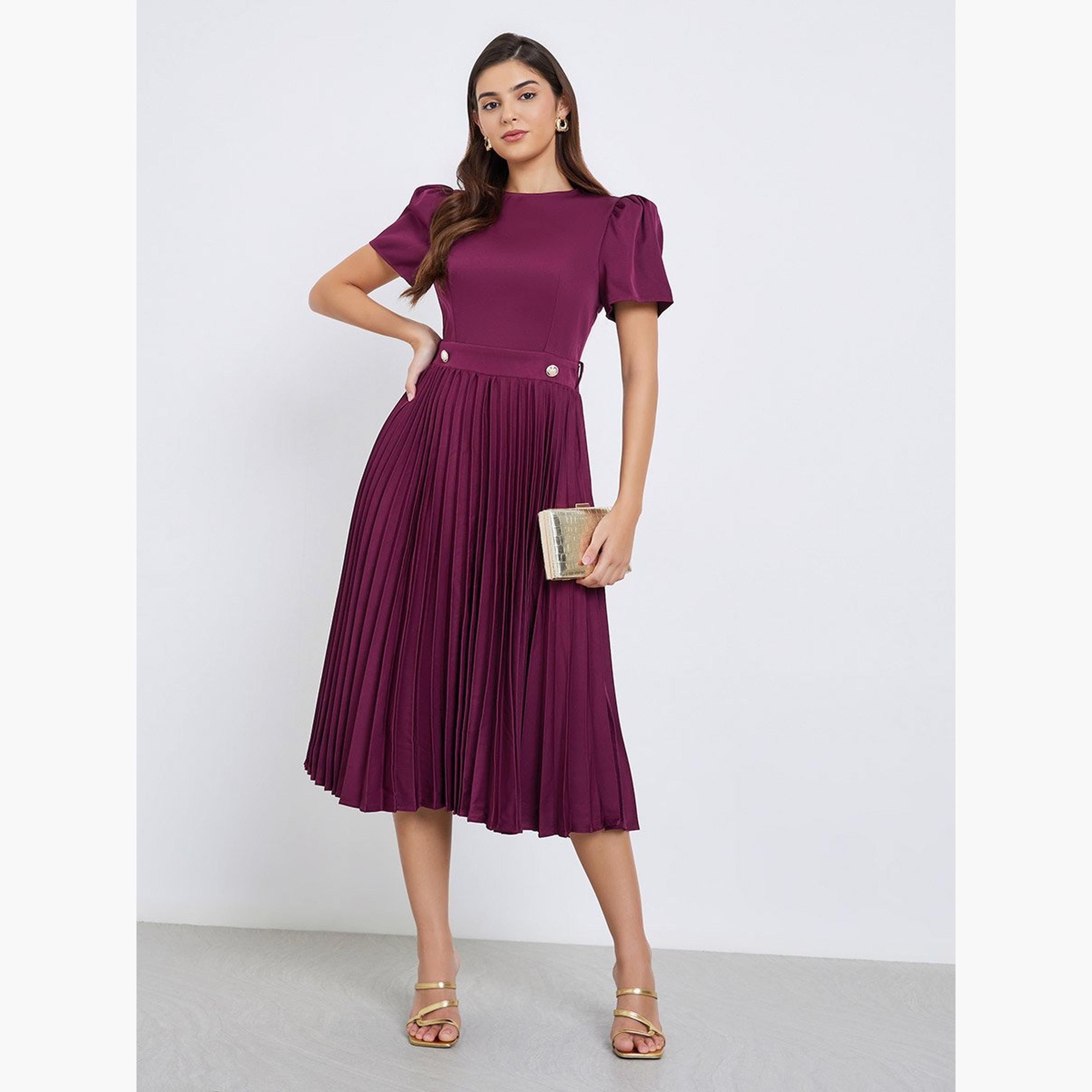 Styli Pleated Detail Puff Sleeves Sheath Midi Dress-women-clothing-dresses-image-3