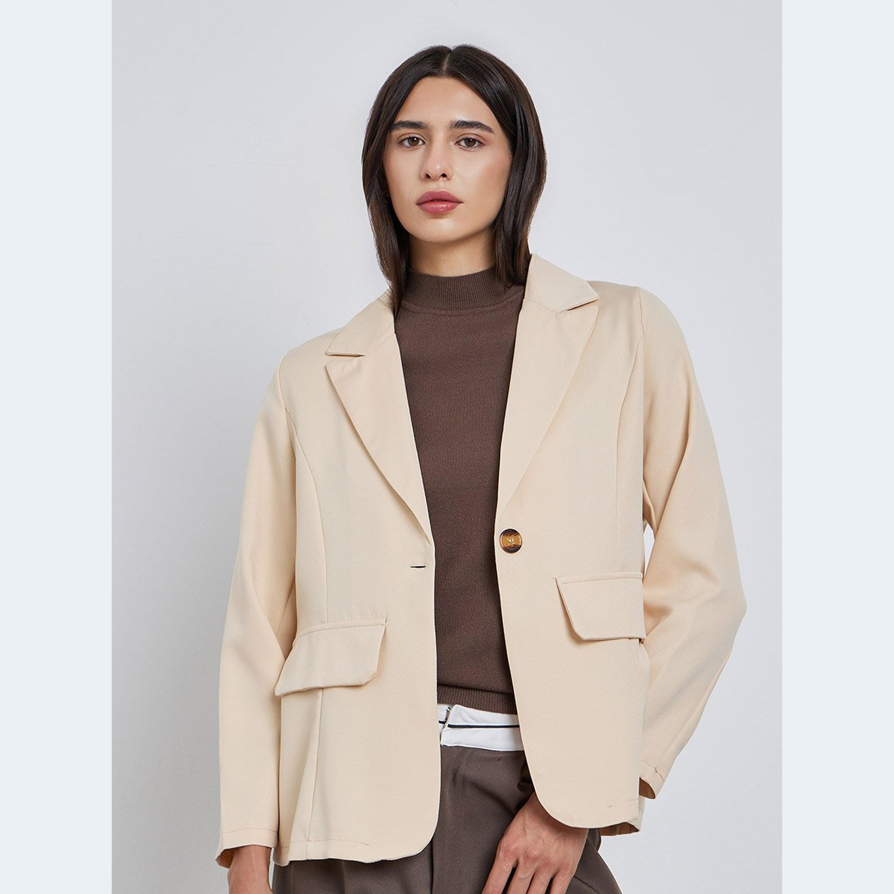 Take Two Beige Solid Notch Label Neck Blazer-women-clothing-coatsandjackets-blazers-image-1