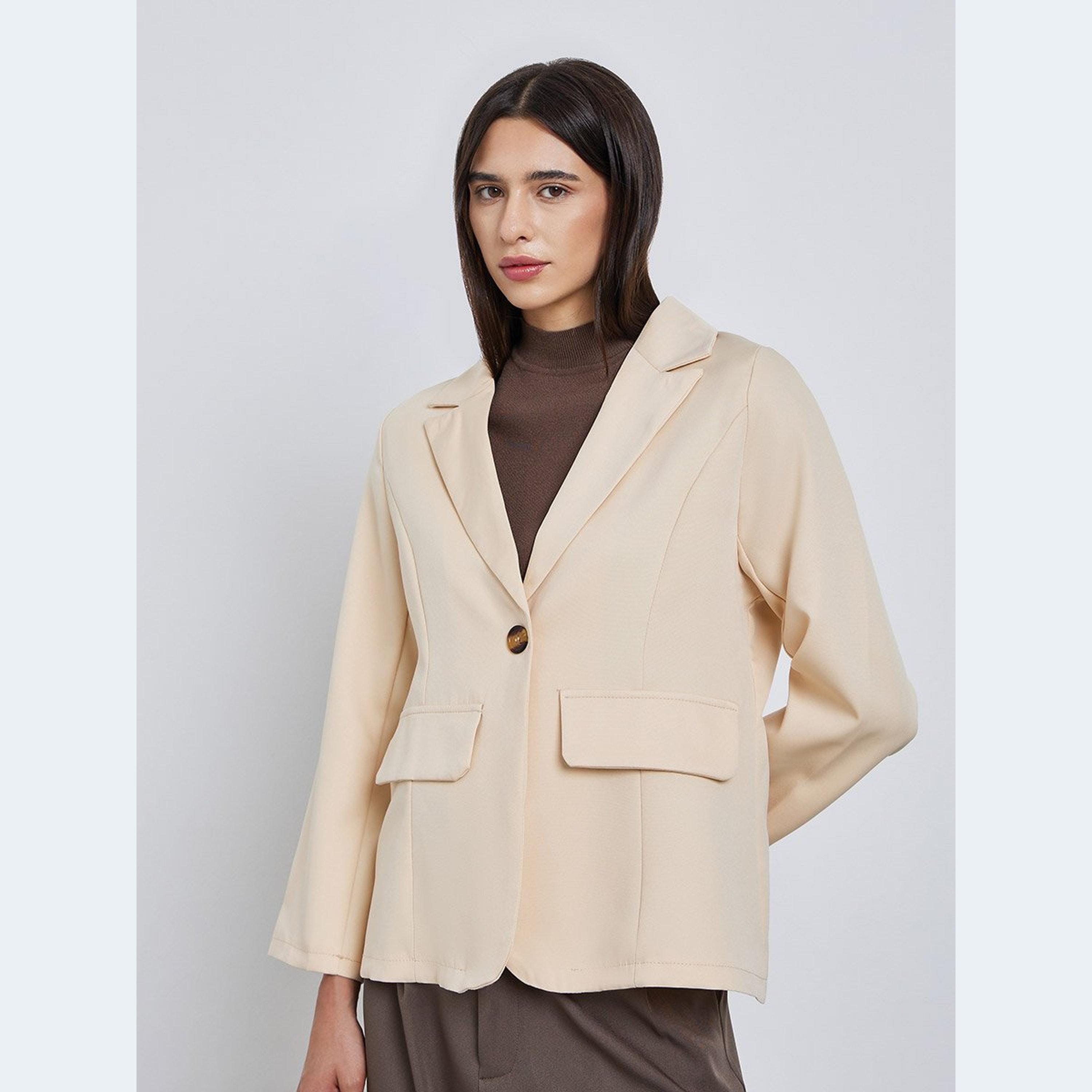 Take Two Beige Solid Notch Label Neck Blazer-women-clothing-coatsandjackets-blazers-image-3