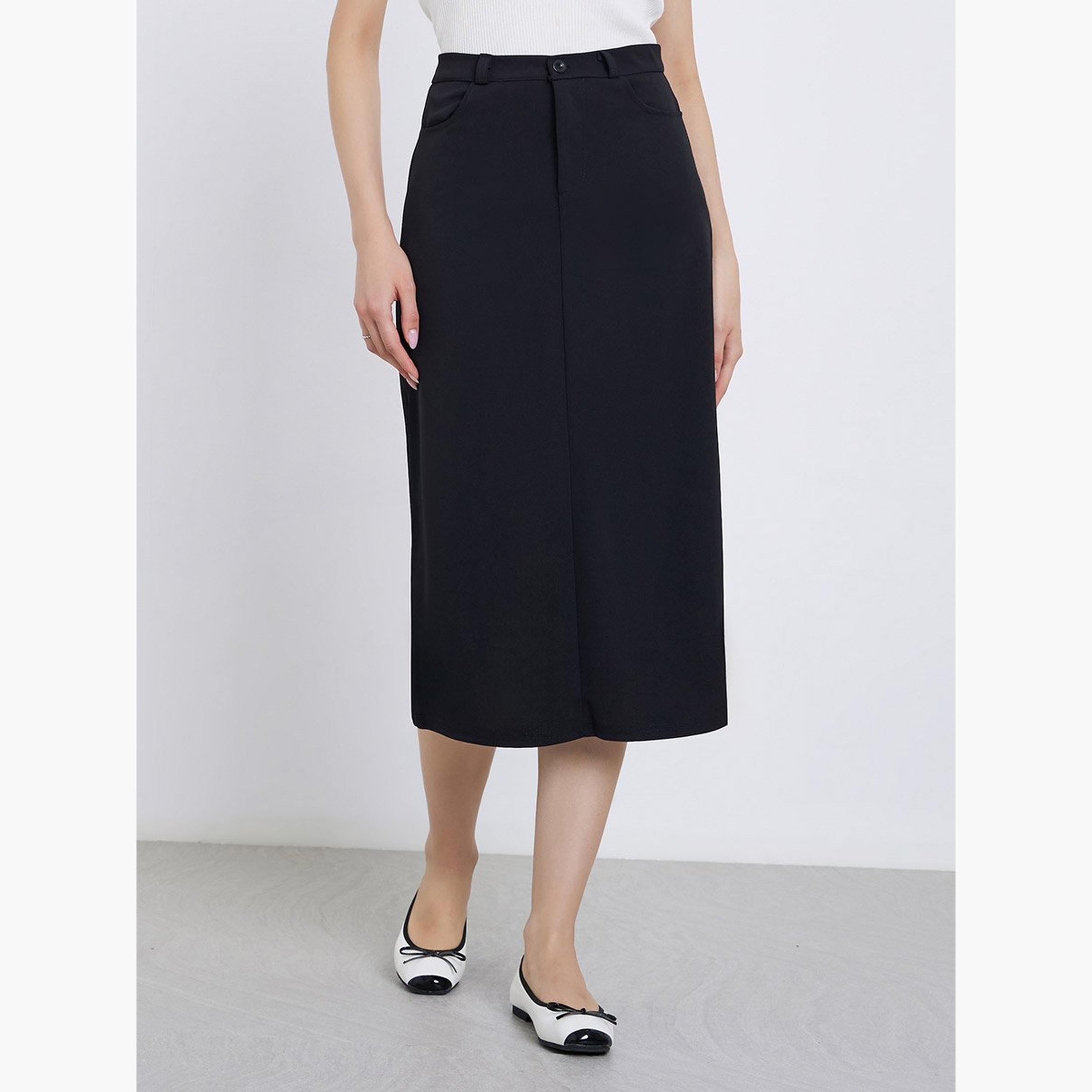 Styli Black Midi Skirt with Back Split Hem-women-clothing-bottoms-skirts-image-1