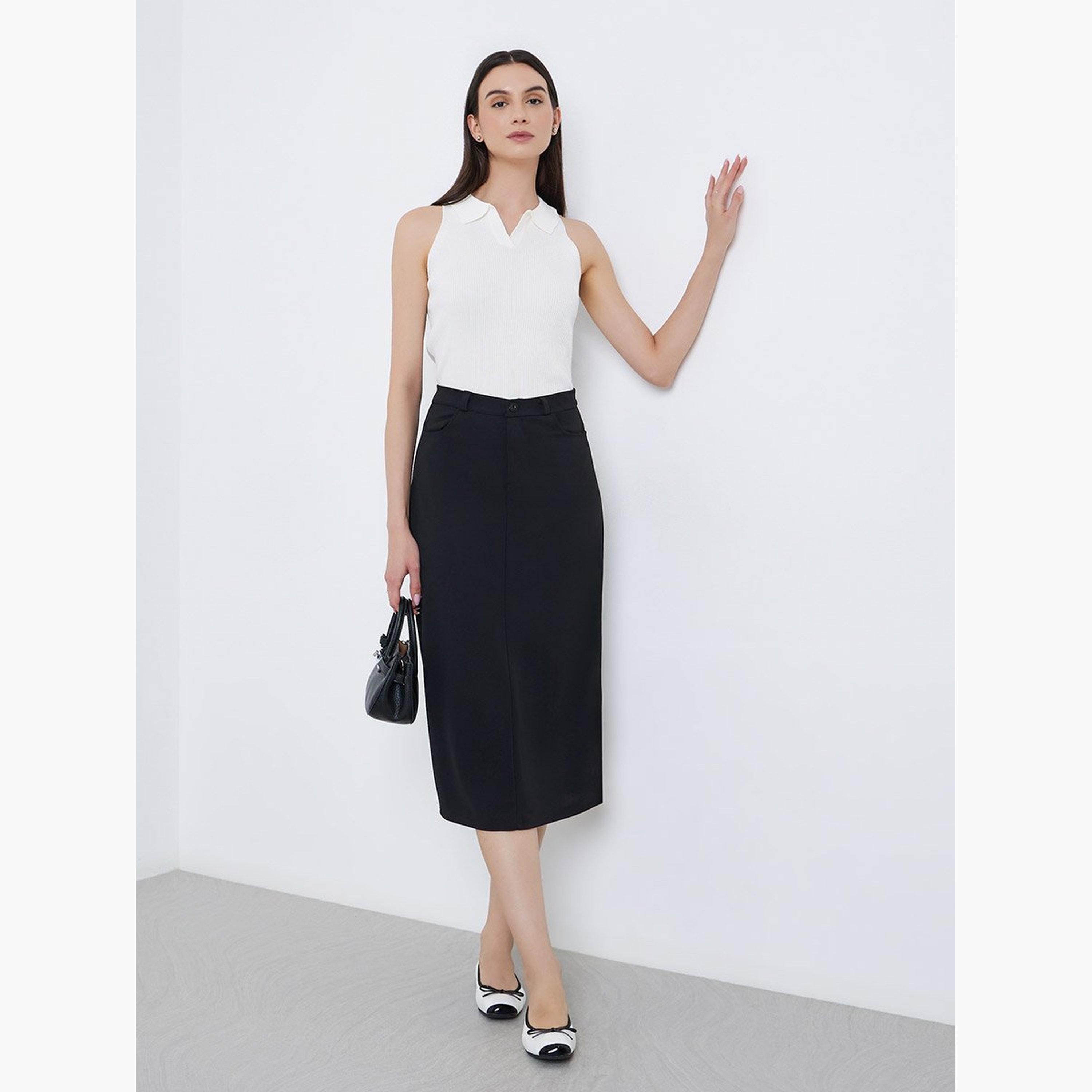 Styli Black Midi Skirt with Back Split Hem-women-clothing-bottoms-skirts-image-2