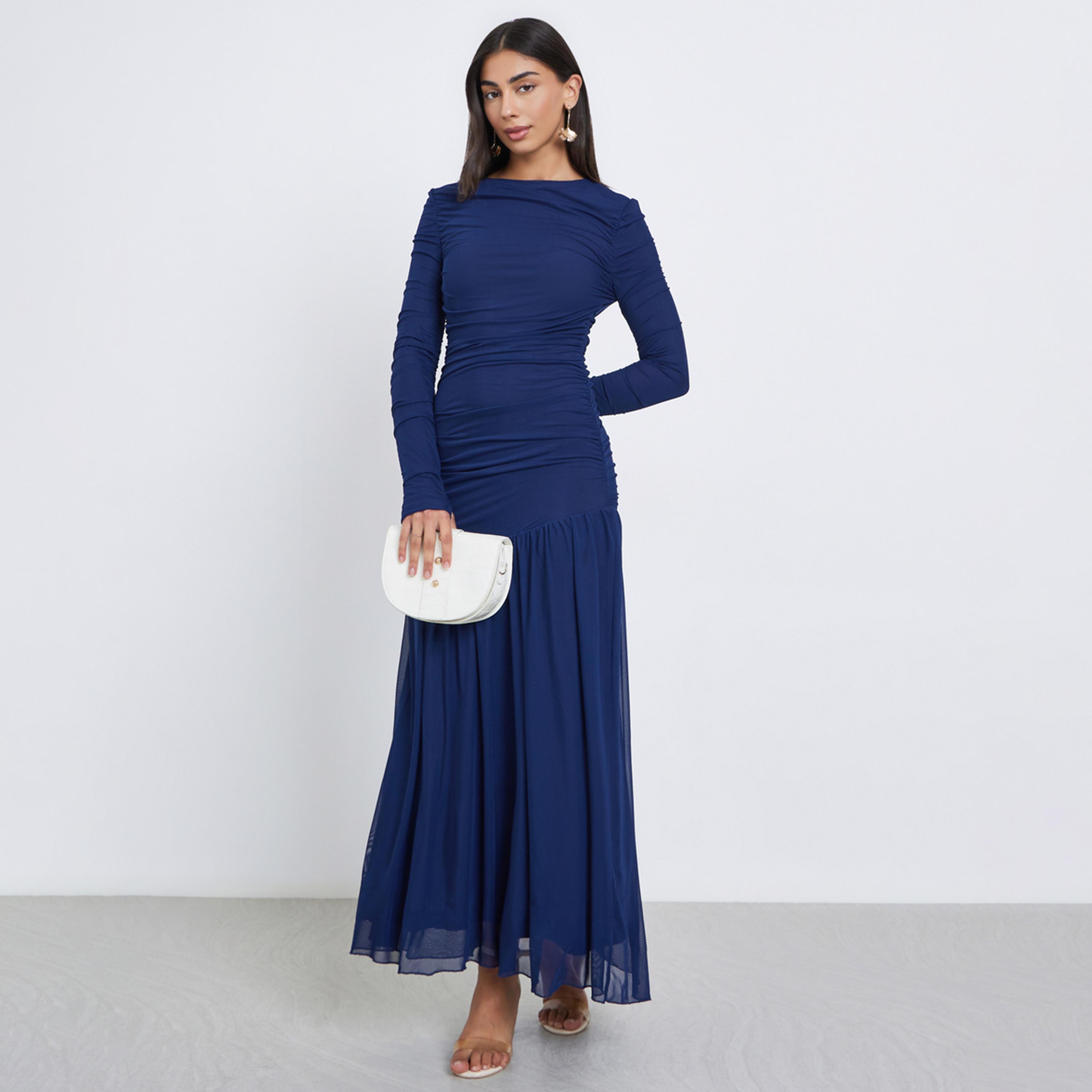 Styli Blue Ruffle Mesh Hem Maxi Dress-women-clothing-dresses-image-1