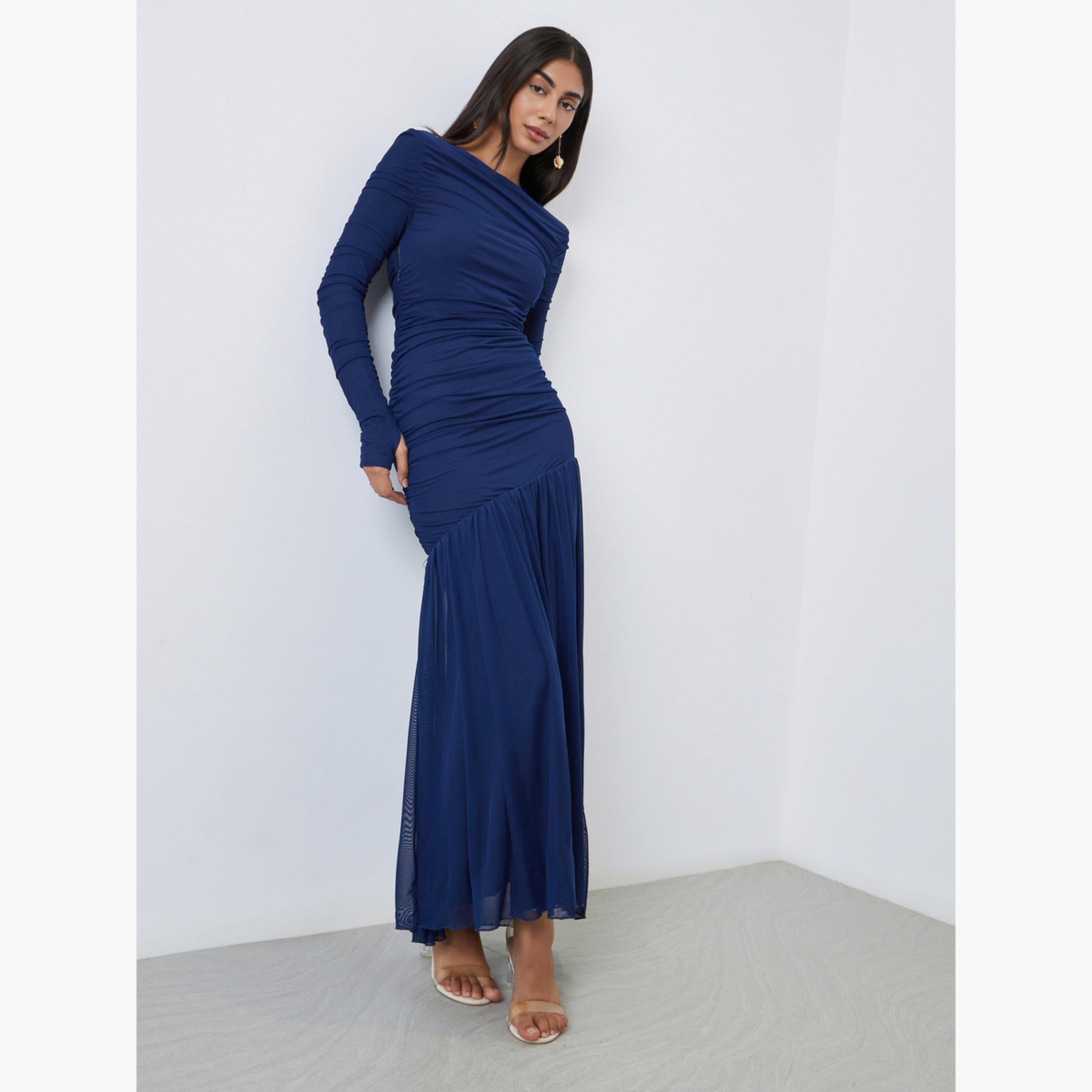 Styli Blue Ruffle Mesh Hem Maxi Dress-women-clothing-dresses-image-2