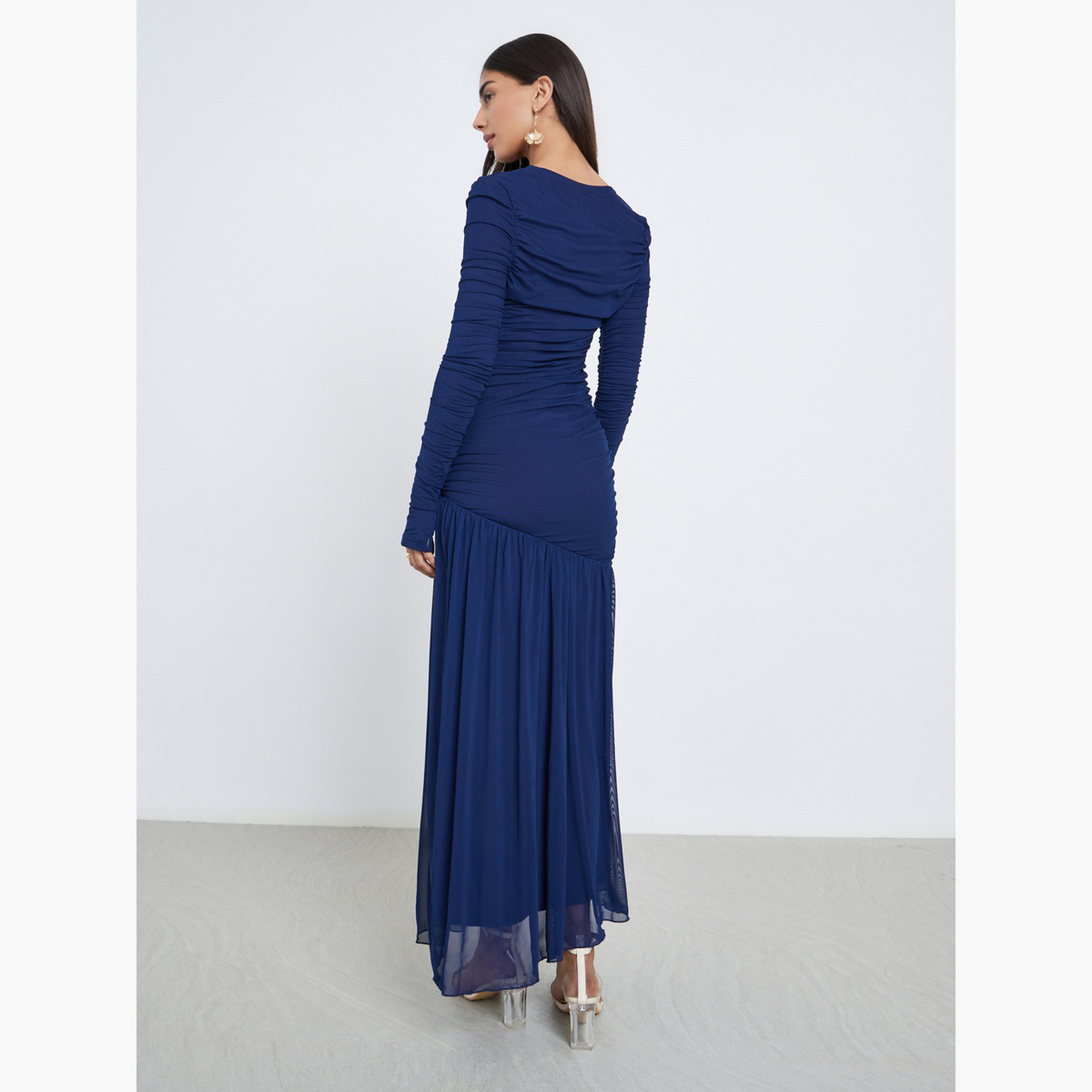 ستايلي - فستان ماكسي أزرق بكشكشة وحافة شبكية-women-clothing-dresses-image-3