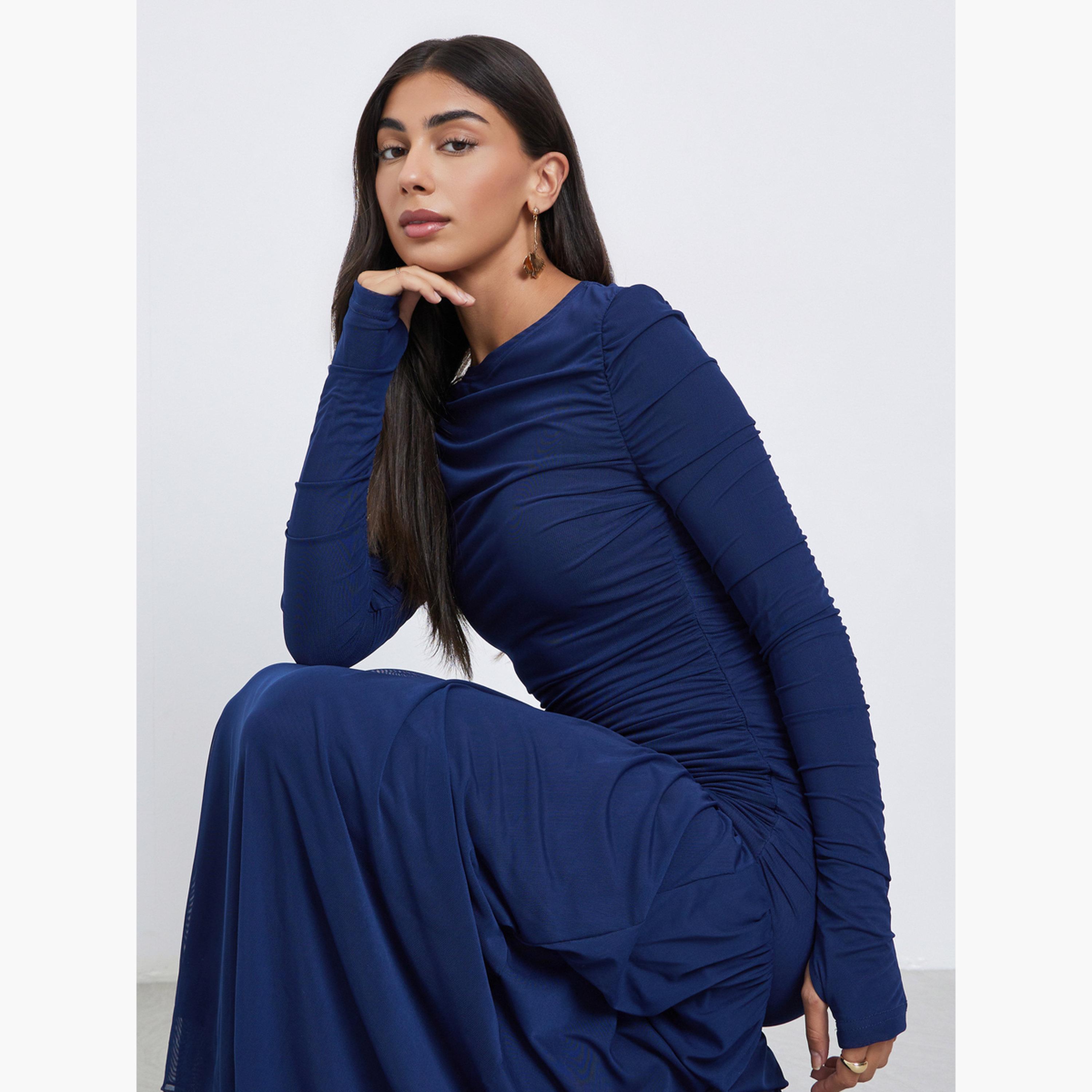 ستايلي - فستان ماكسي أزرق بكشكشة وحافة شبكية-women-clothing-dresses-image-4