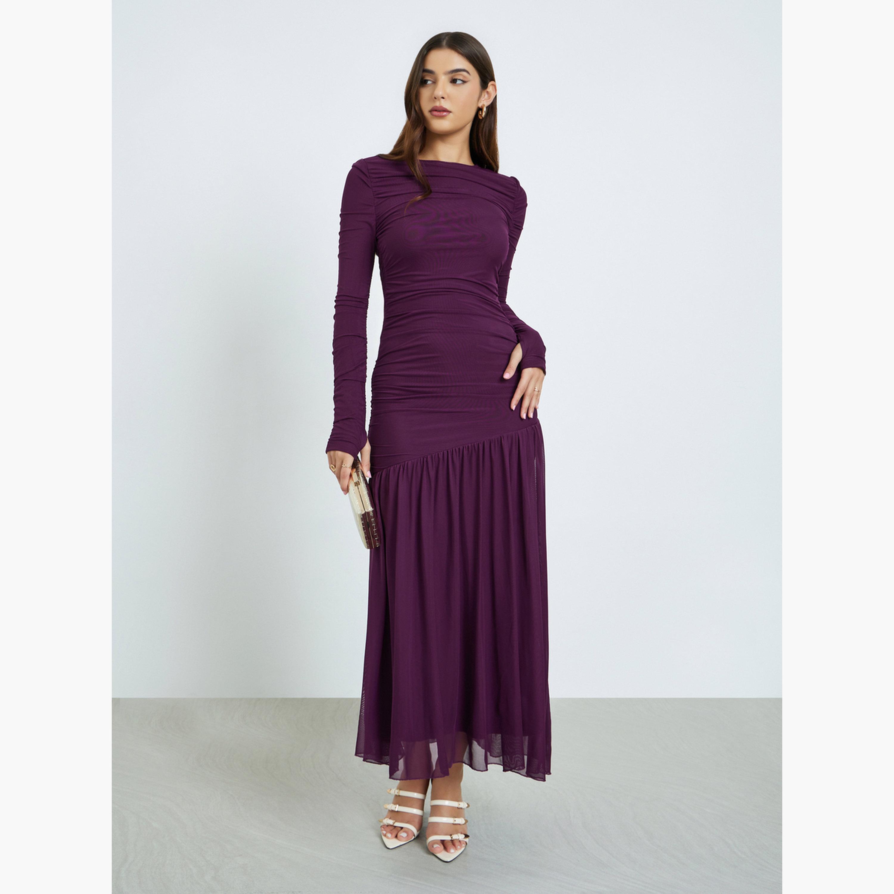 ستايلي - فستان ماكسي أرجواني بكشكشة وحاشية شبكية للنساء-women-clothing-dresses-image-1