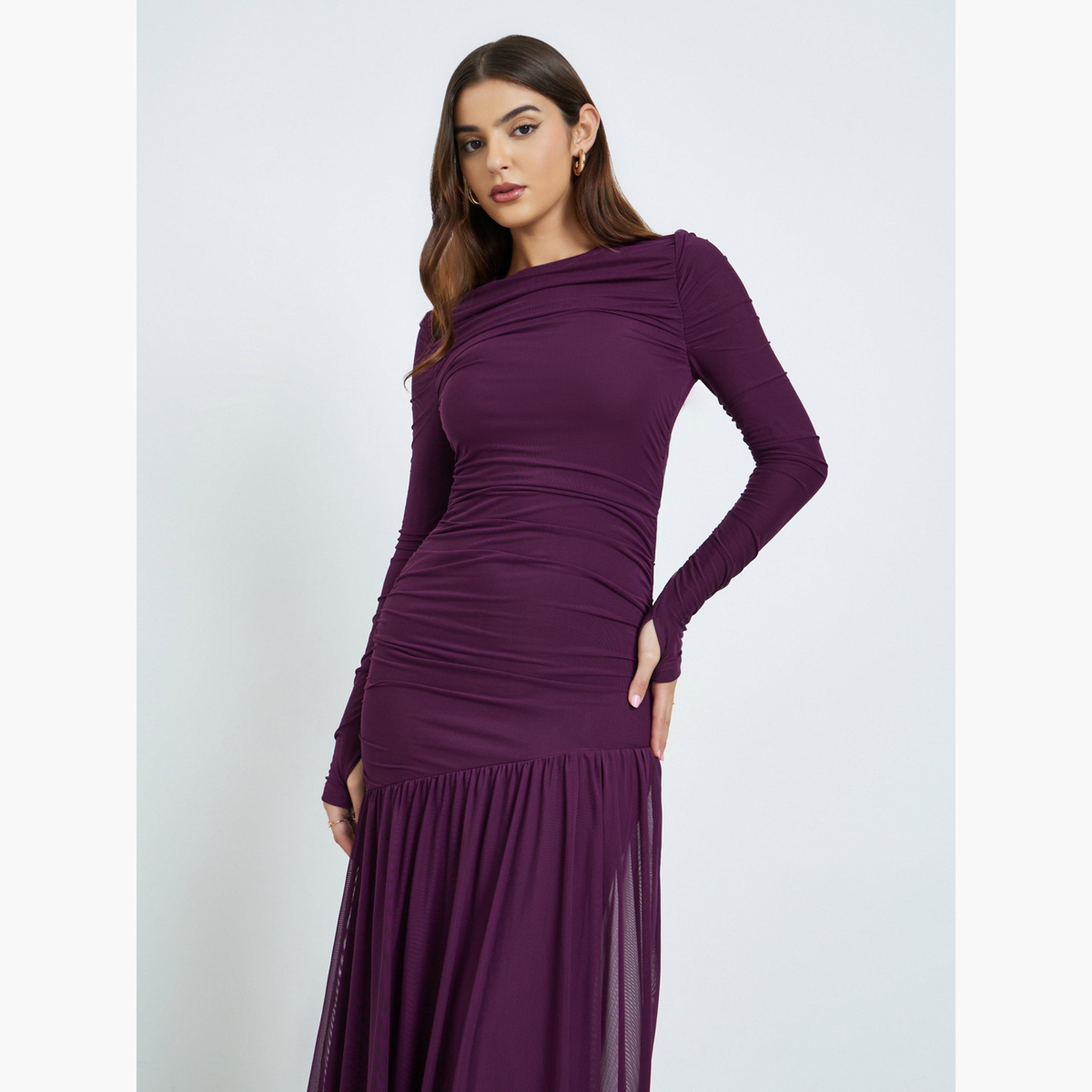 ستايلي - فستان ماكسي أرجواني بكشكشة وحاشية شبكية للنساء-women-clothing-dresses-image-2