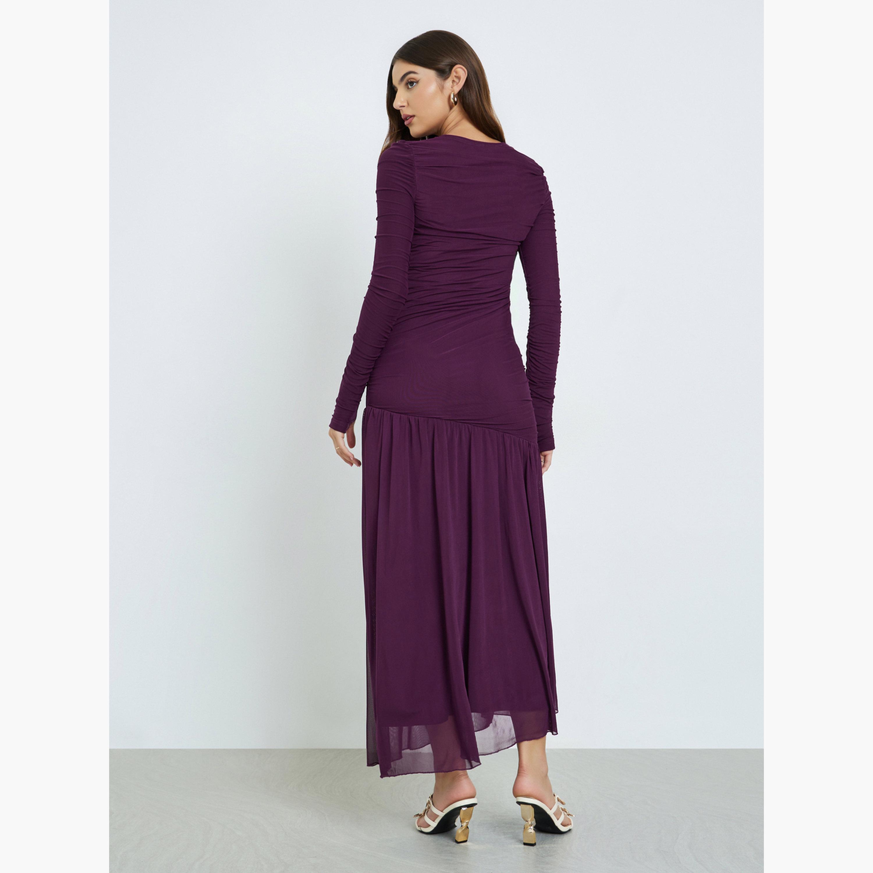 ستايلي - فستان ماكسي أرجواني بكشكشة وحاشية شبكية للنساء-women-clothing-dresses-image-3