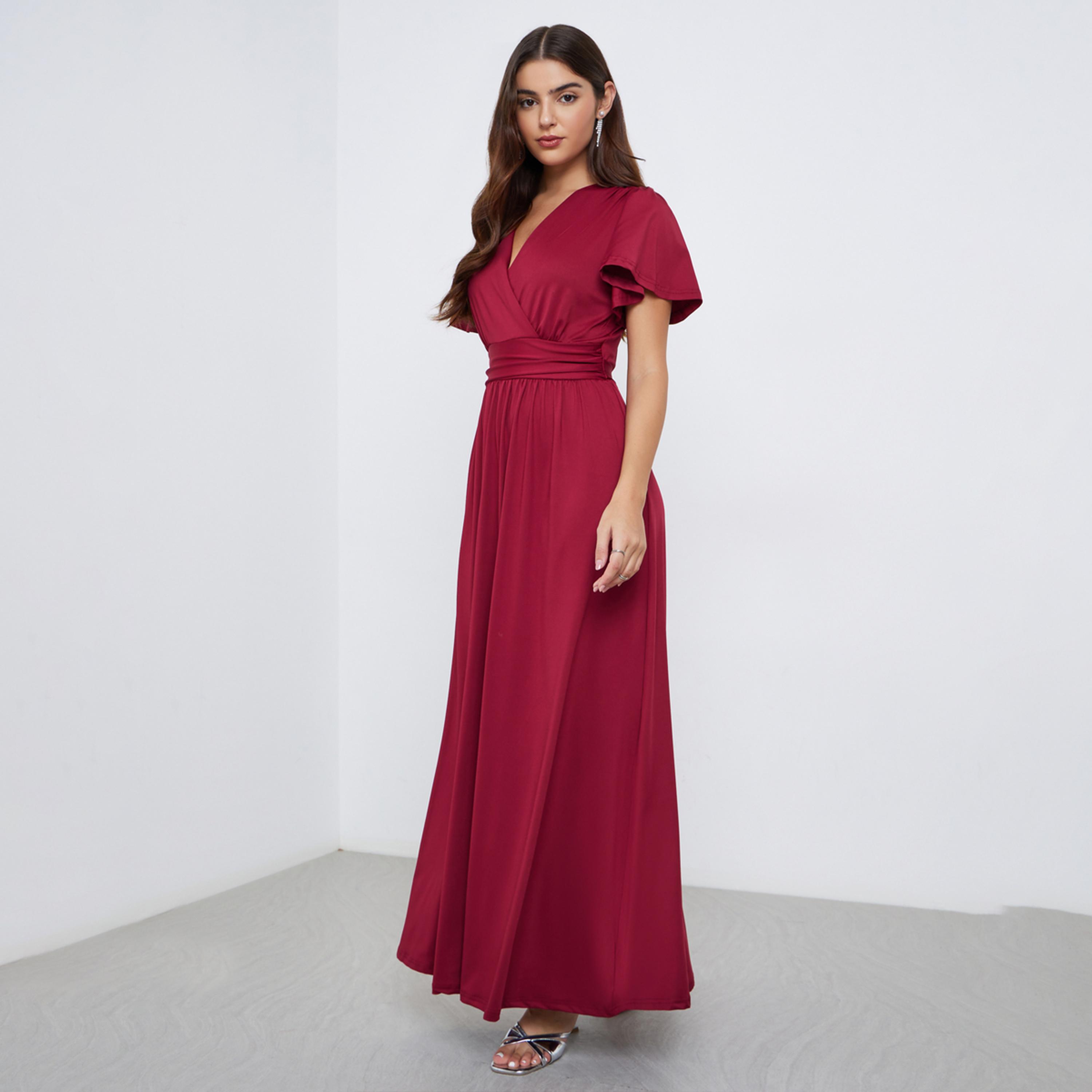 ستايلي - فستان ماكسي بأكمام قصيرة وقصة A-women-clothing-dresses-image-1