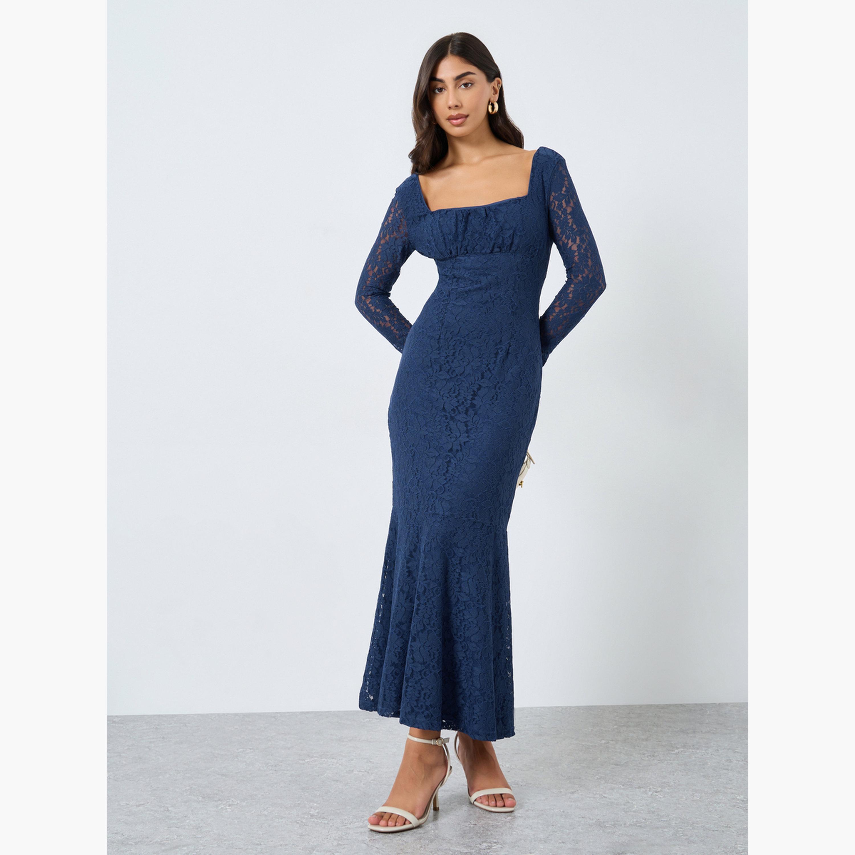 ستايلي - فستان ماكسي بأكمام طويلة وحافة حورية البحر من الدانتيل بالكامل-women-clothing-dresses-image-2