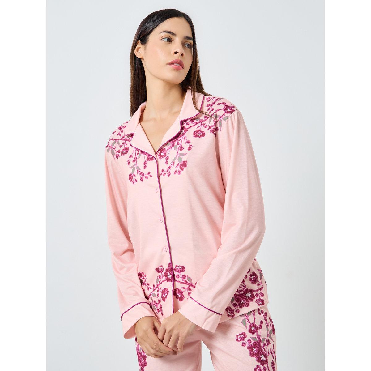 Styli Placement Floral Buttoned Shirt and Pyjama Set-women-clothing-nightwear-pyjamas-longsets-image-2