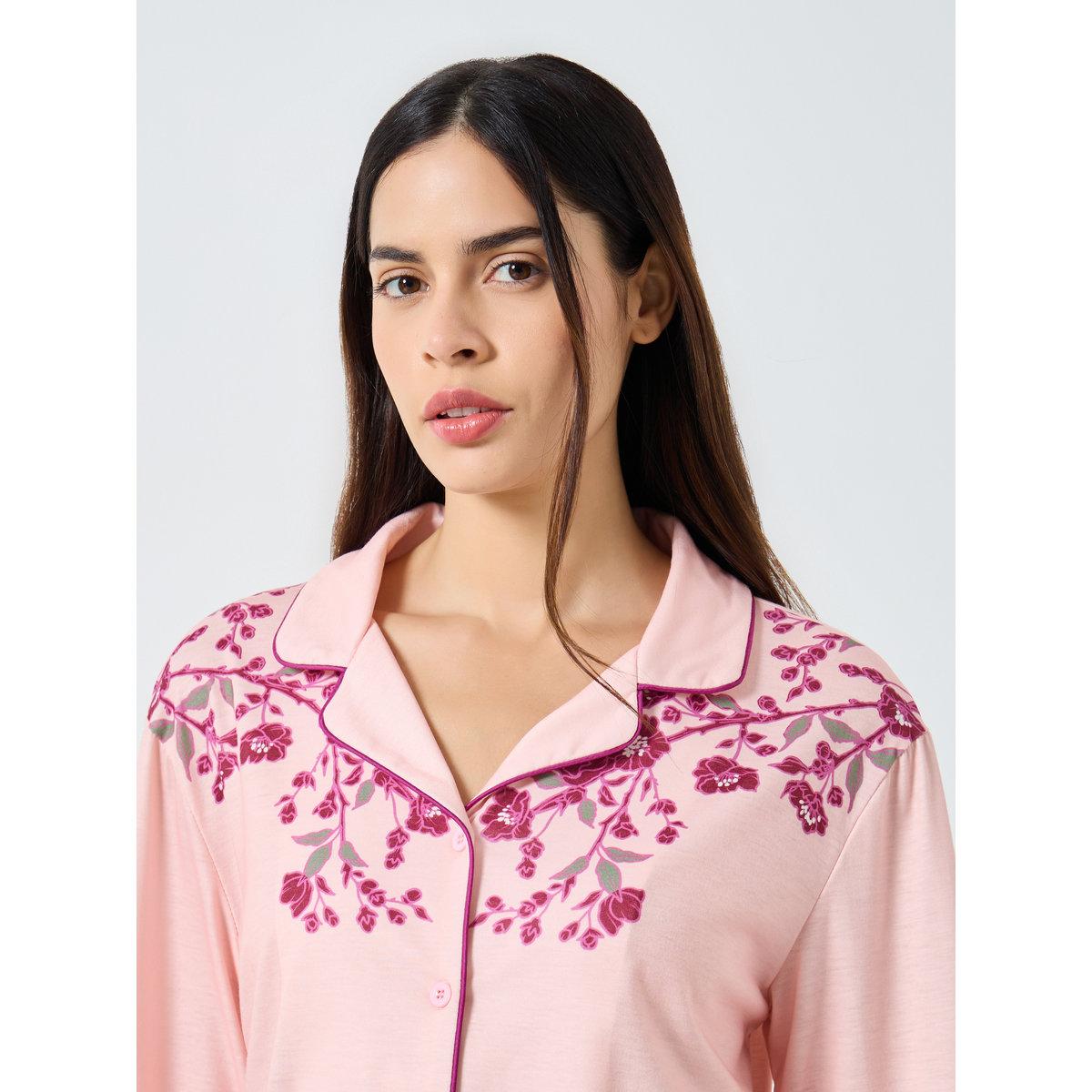 Styli Placement Floral Buttoned Shirt and Pyjama Set-women-clothing-nightwear-pyjamas-longsets-image-4