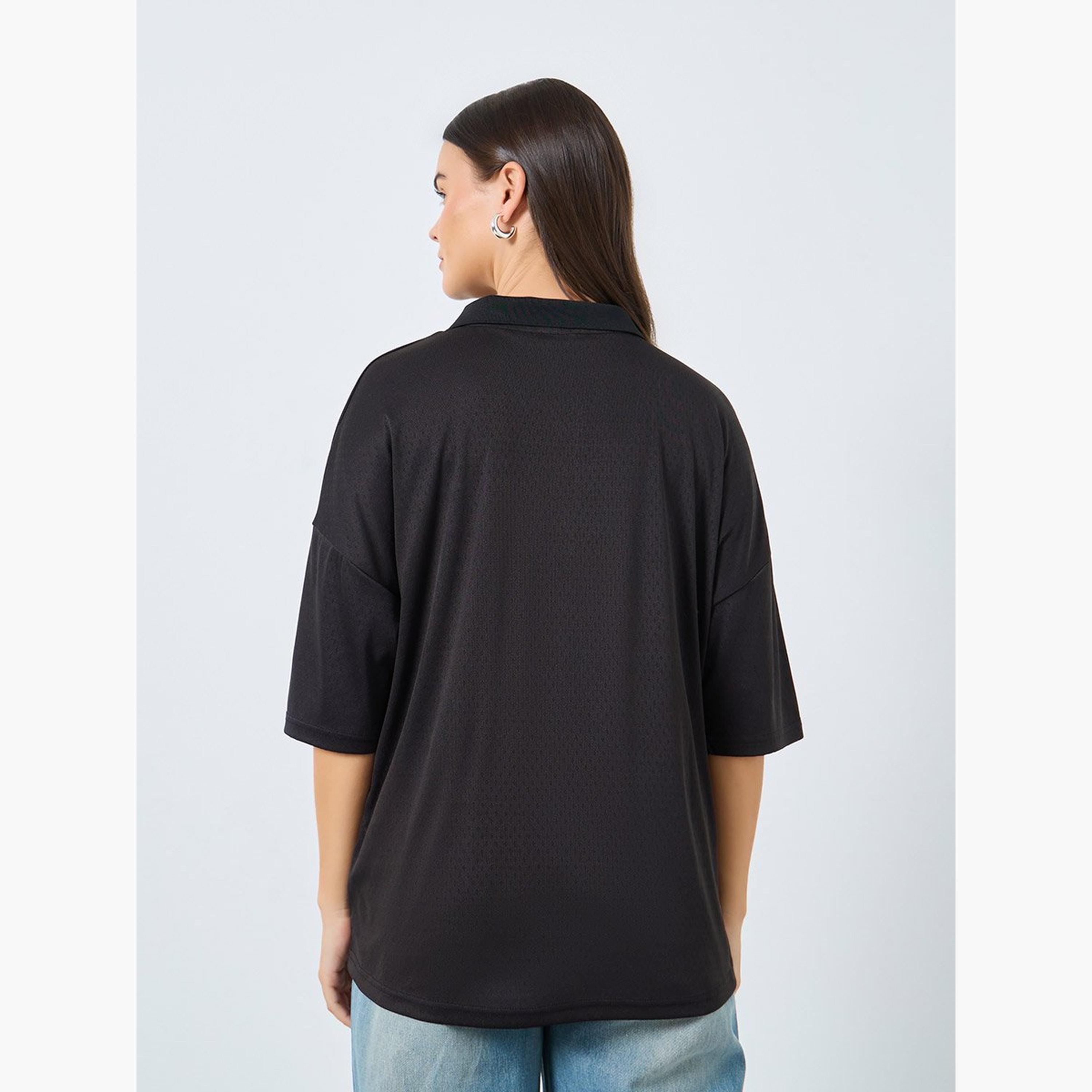 Styli Black Knitted Polo T-Shirt-women-clothing-tshirts-image-5