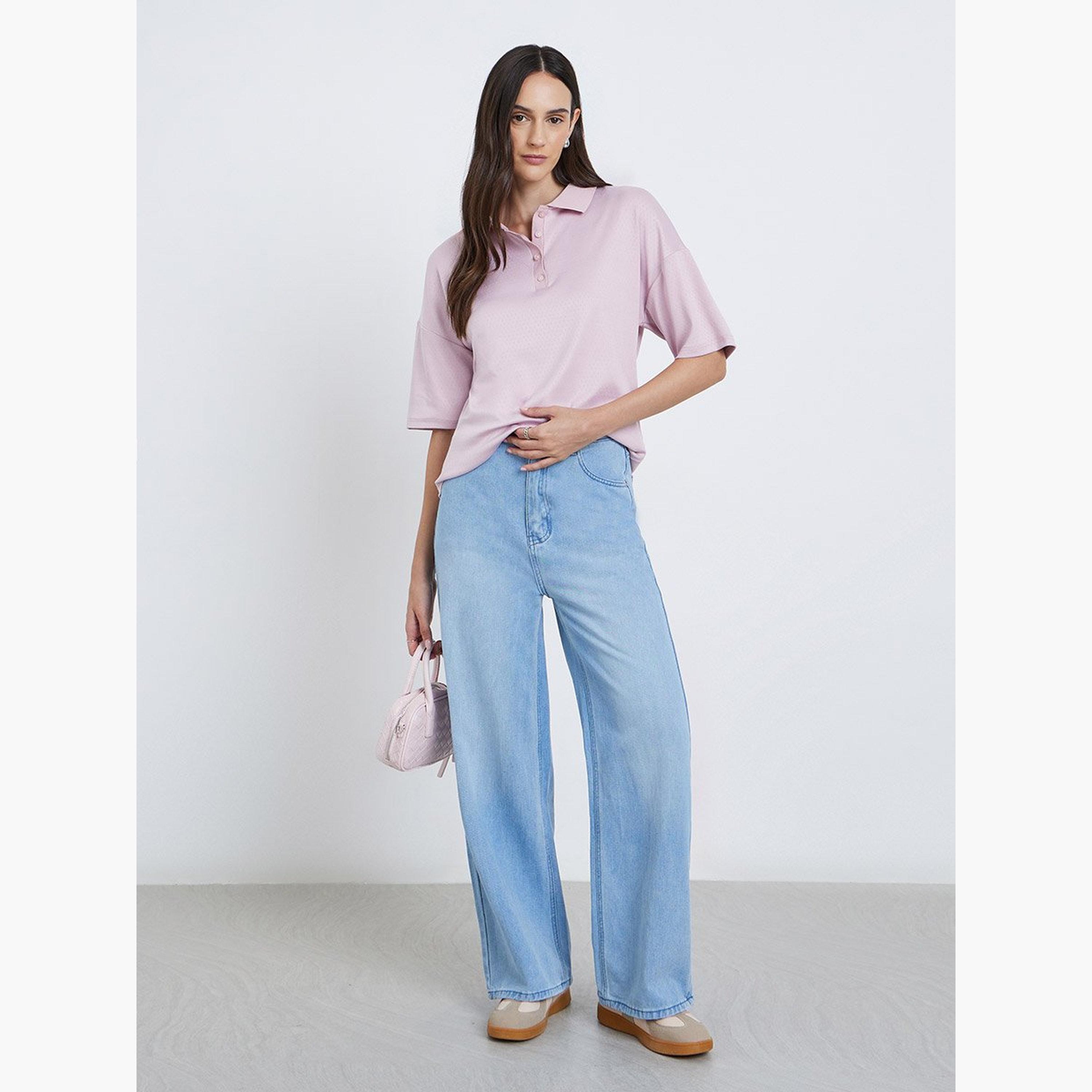 ستايلي - تي شيرت بولو محبوك لون وردي-women-clothing-tshirts-image-1