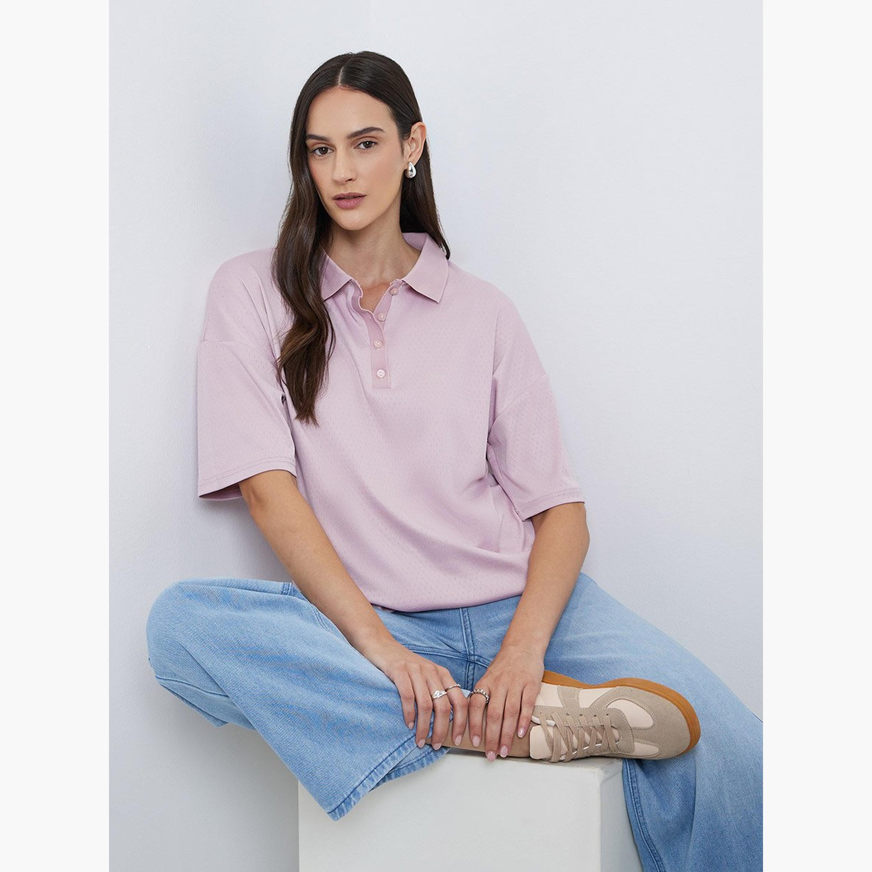 ستايلي - تي شيرت بولو محبوك لون وردي-women-clothing-tshirts-image-2