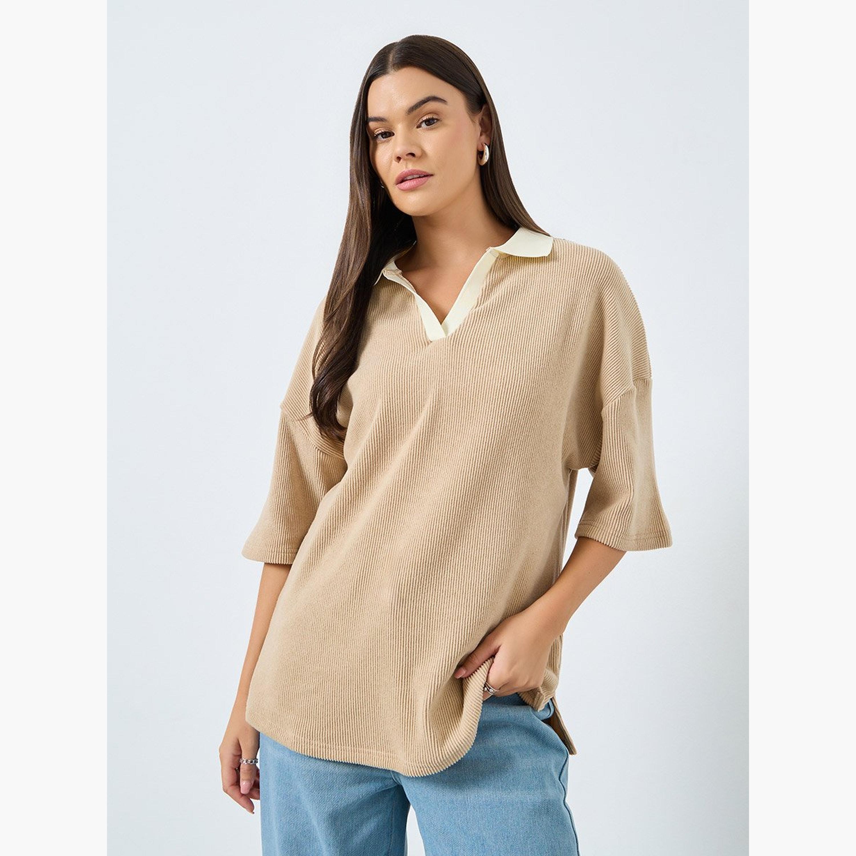 Styli Beige Knitted Polo T-Shirt-women-clothing-tshirts-image-1