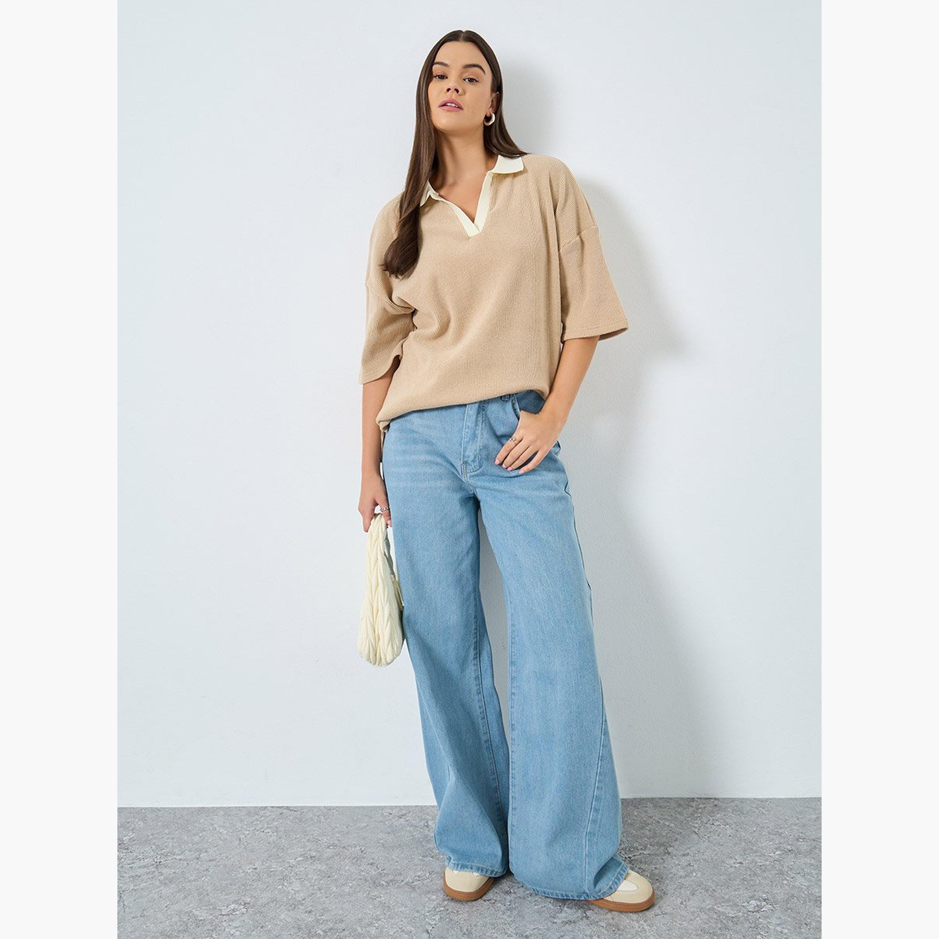 Styli Beige Knitted Polo T-Shirt-women-clothing-tshirts-image-2