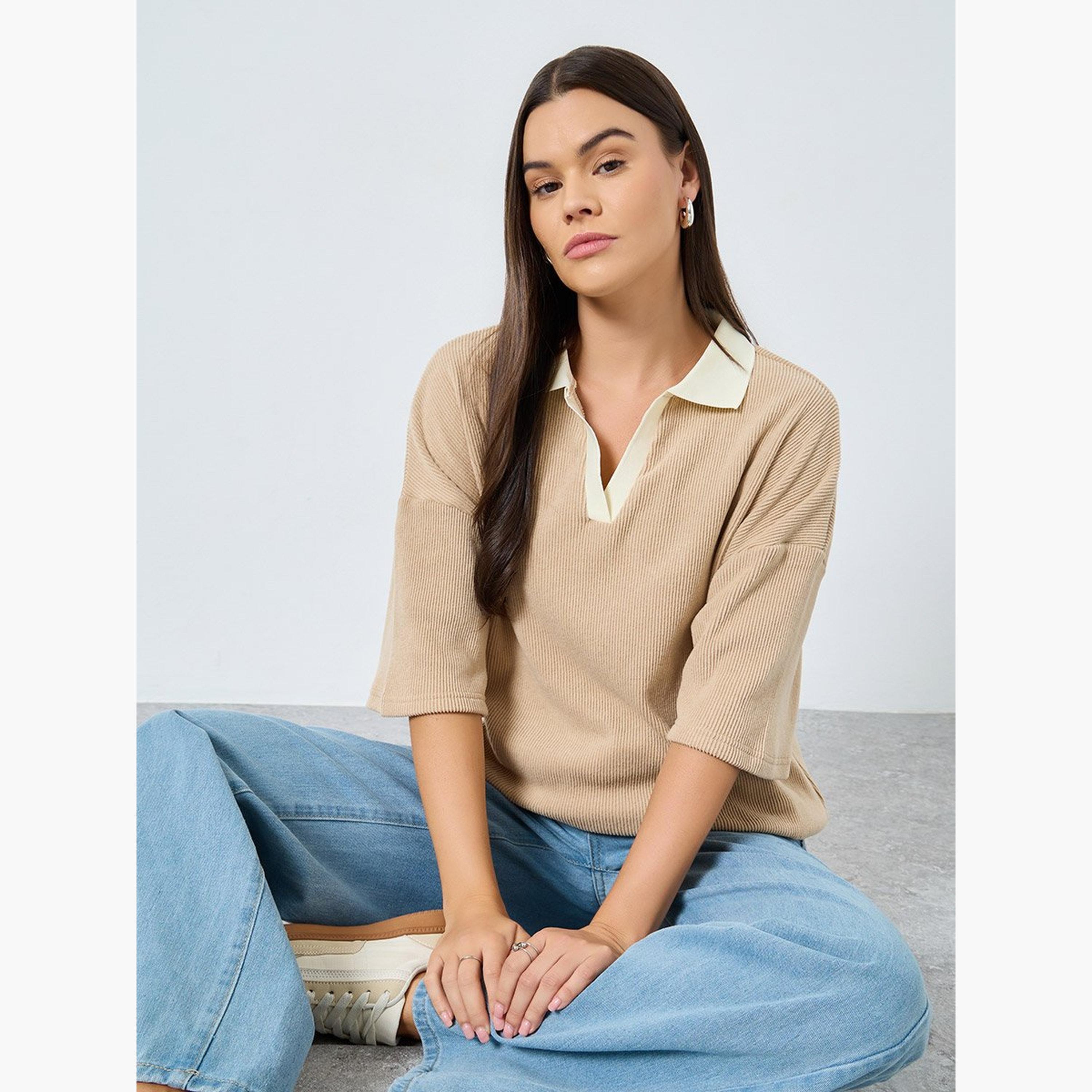 Styli Beige Knitted Polo T-Shirt-women-clothing-tshirts-image-3