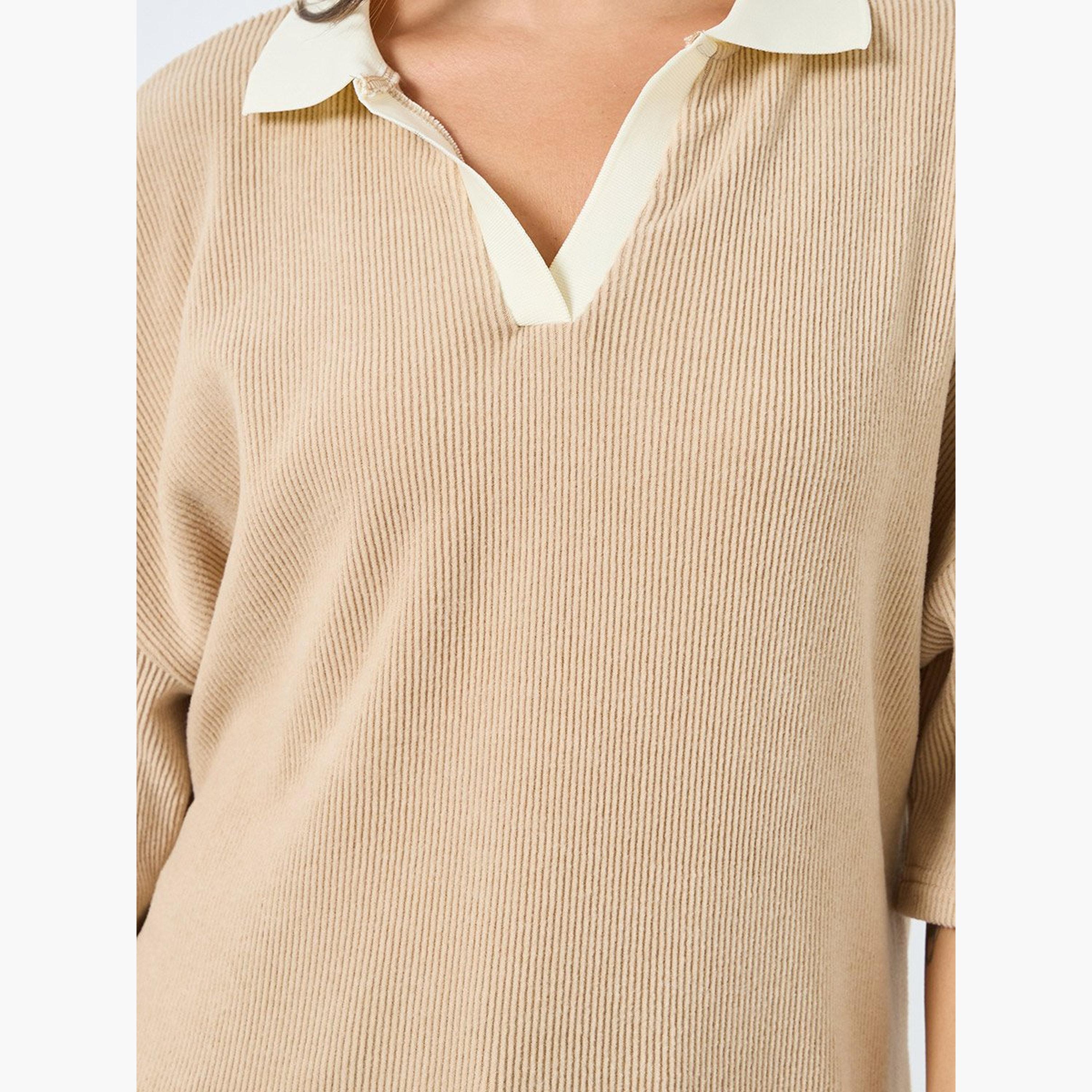 Styli Beige Knitted Polo T-Shirt-women-clothing-tshirts-image-4